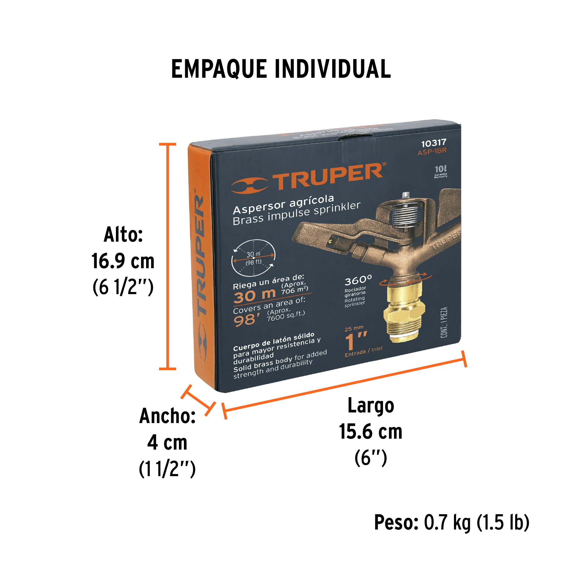 Aspersor agrícola de 1" fundido en latón, TRUPER - Empaque