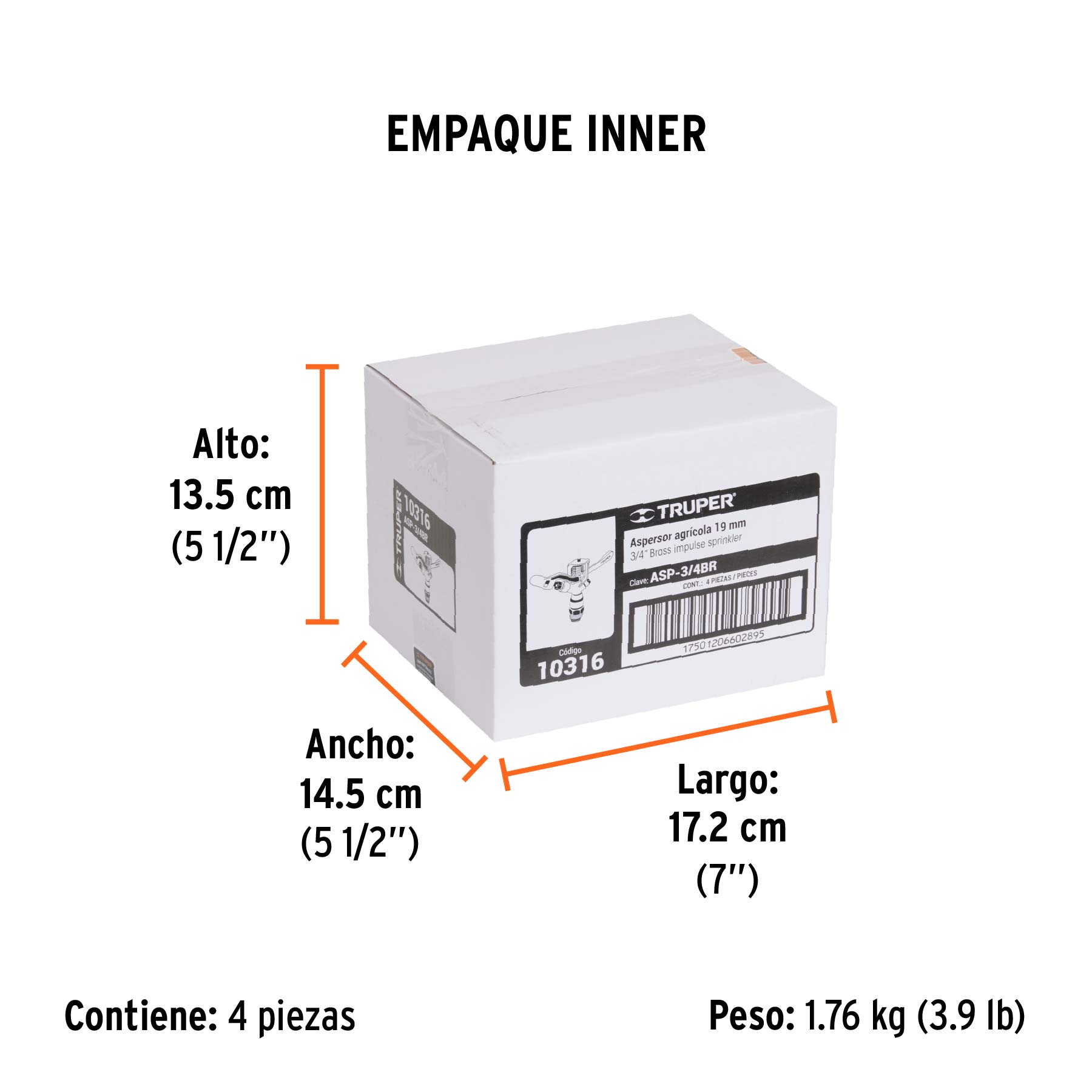 Aspersor agrícola de 3/4" fundido en latón, TRUPER - Empaque