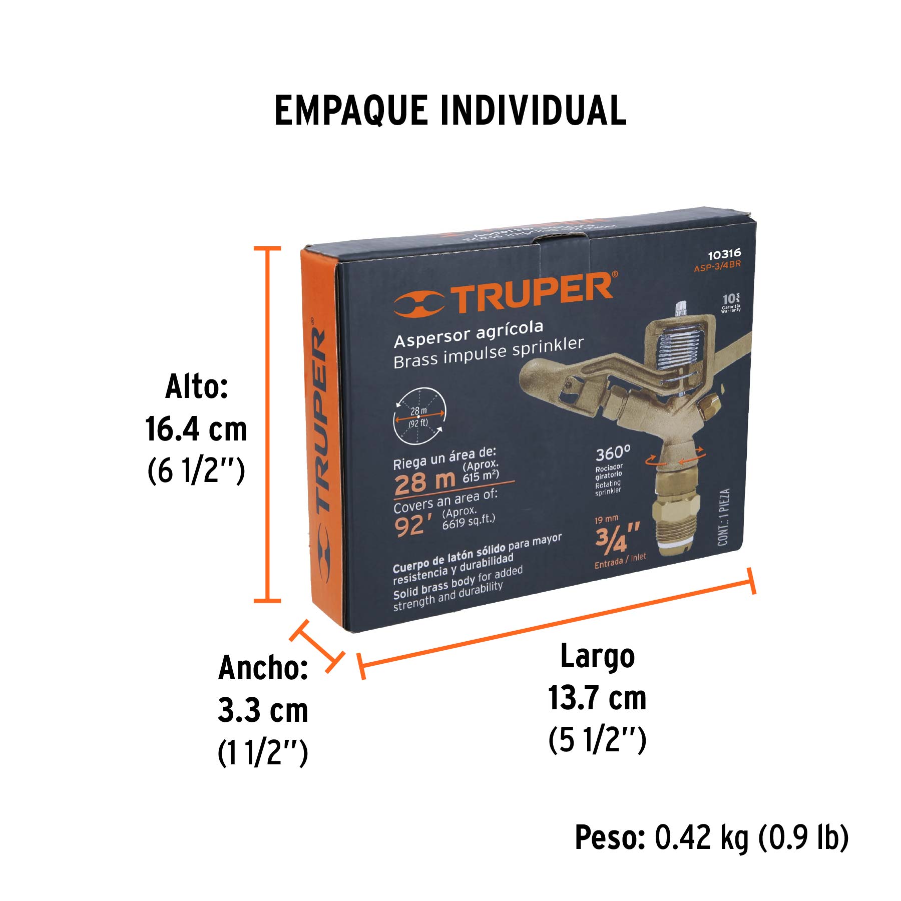 Aspersor agrícola de 3/4" fundido en latón, TRUPER - Empaque