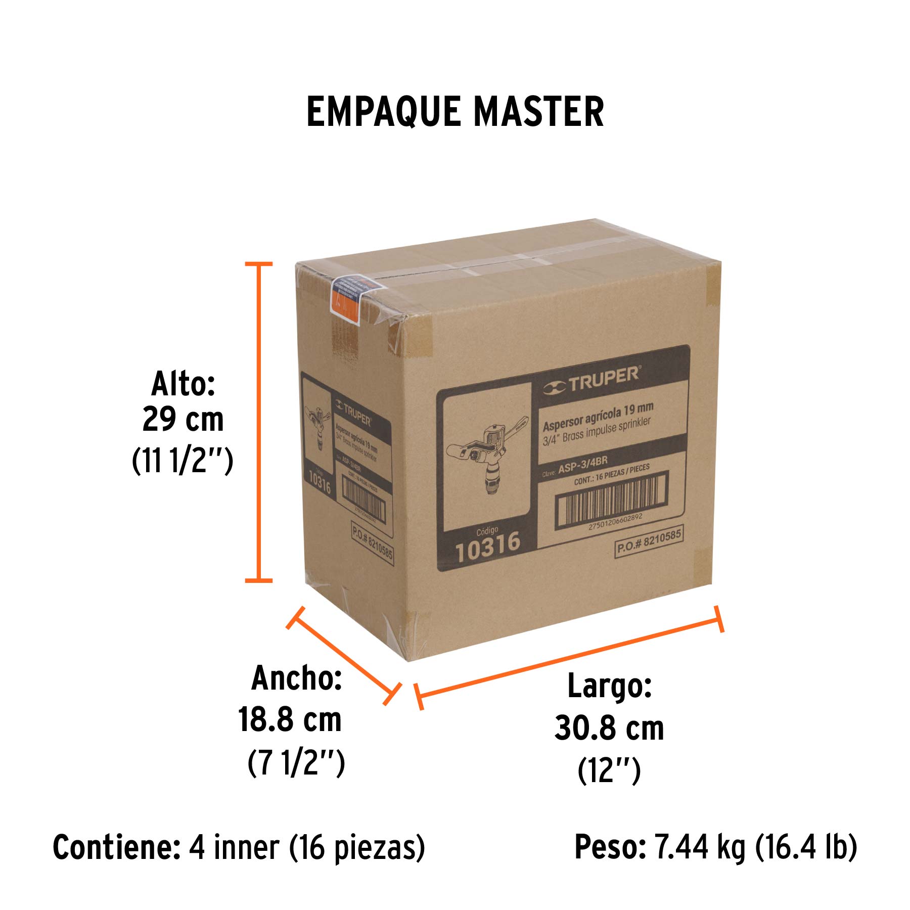 Aspersor agrícola de 3/4" fundido en latón, TRUPER - Empaque