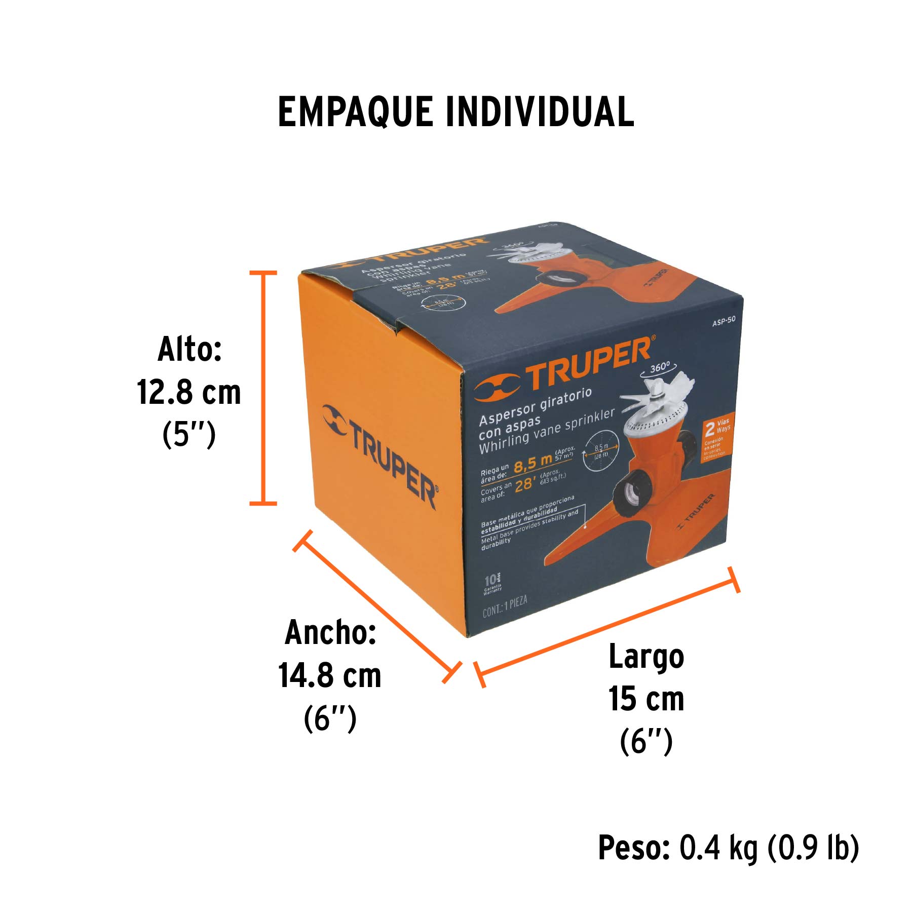 Aspersor base metálica, con aspas de aluminio, TRUPER - Empaque