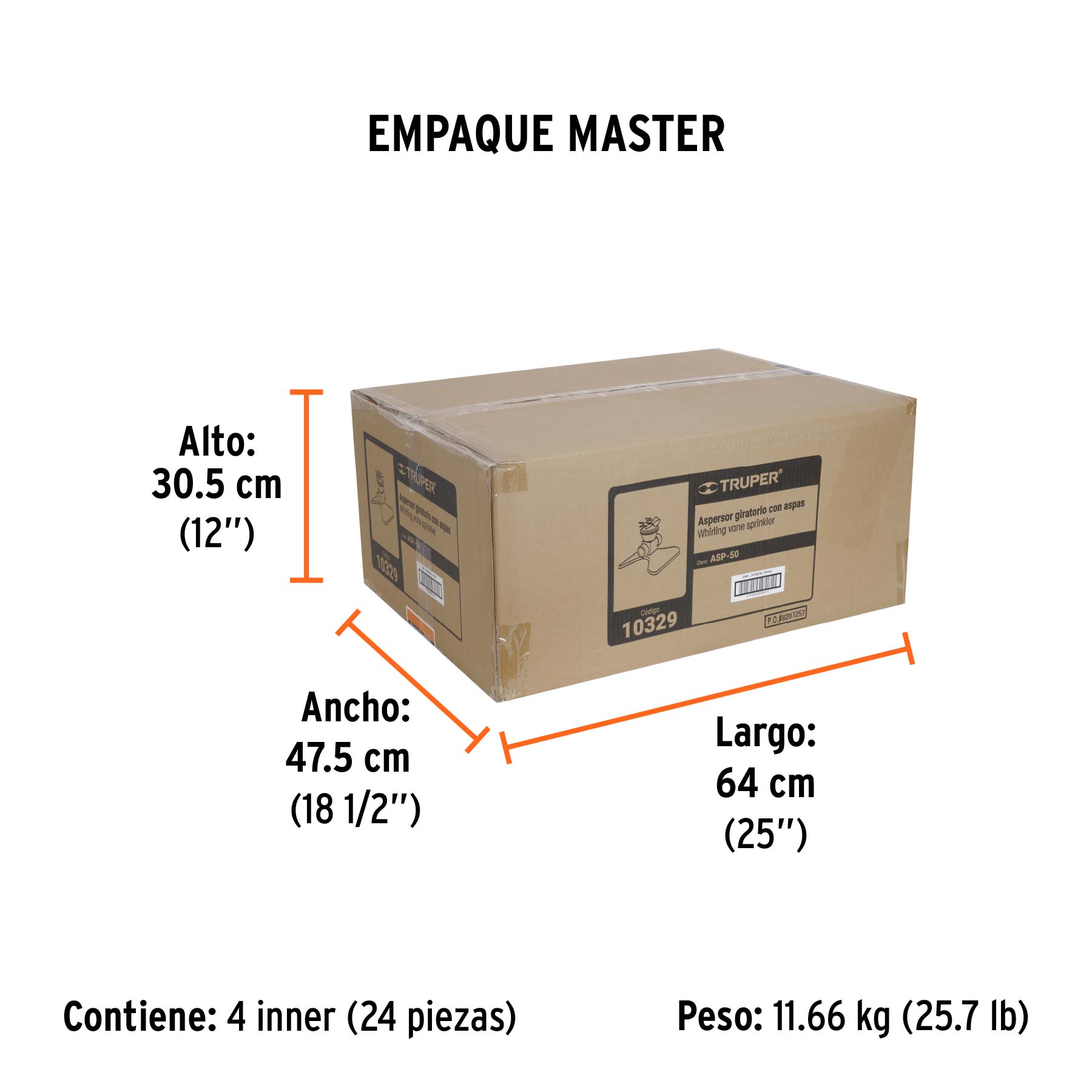 Aspersor base metálica, con aspas de aluminio, TRUPER - Empaque