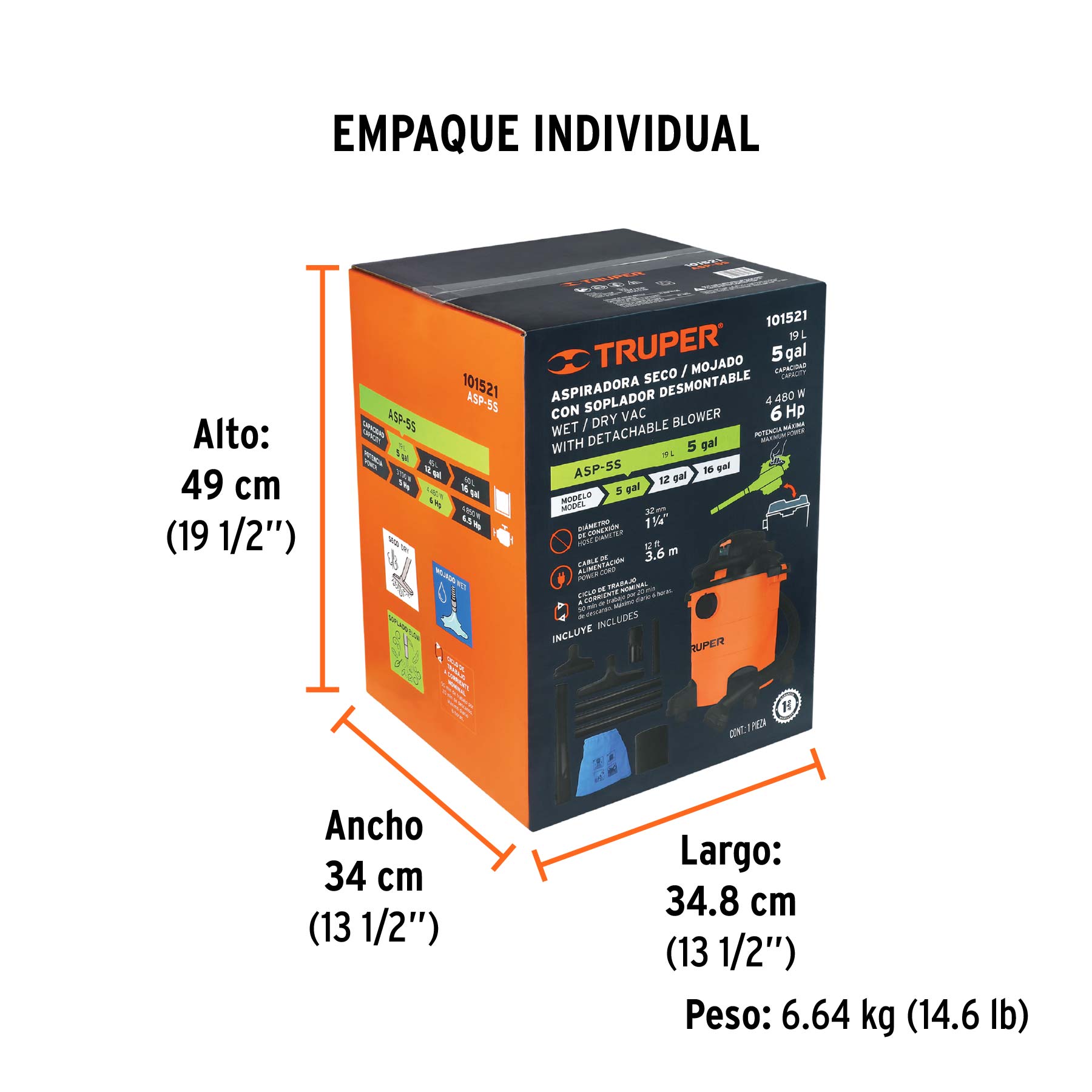 Aspiradora sólidos y líquidos, 5 gal, soplador desmontable - Empaque