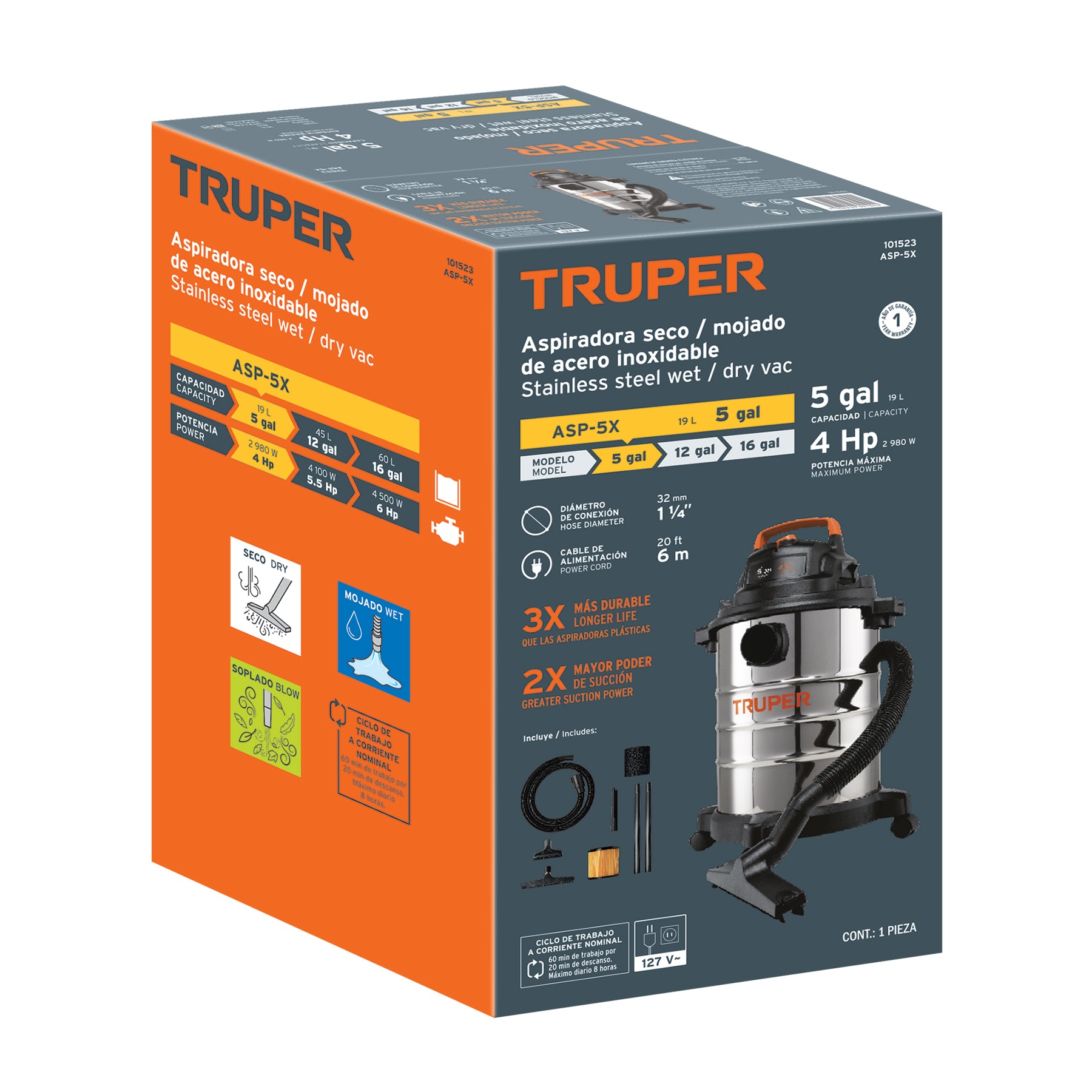 Aspiradora de sólidos y líquidos, 5 gal, acero inox, TRUPER