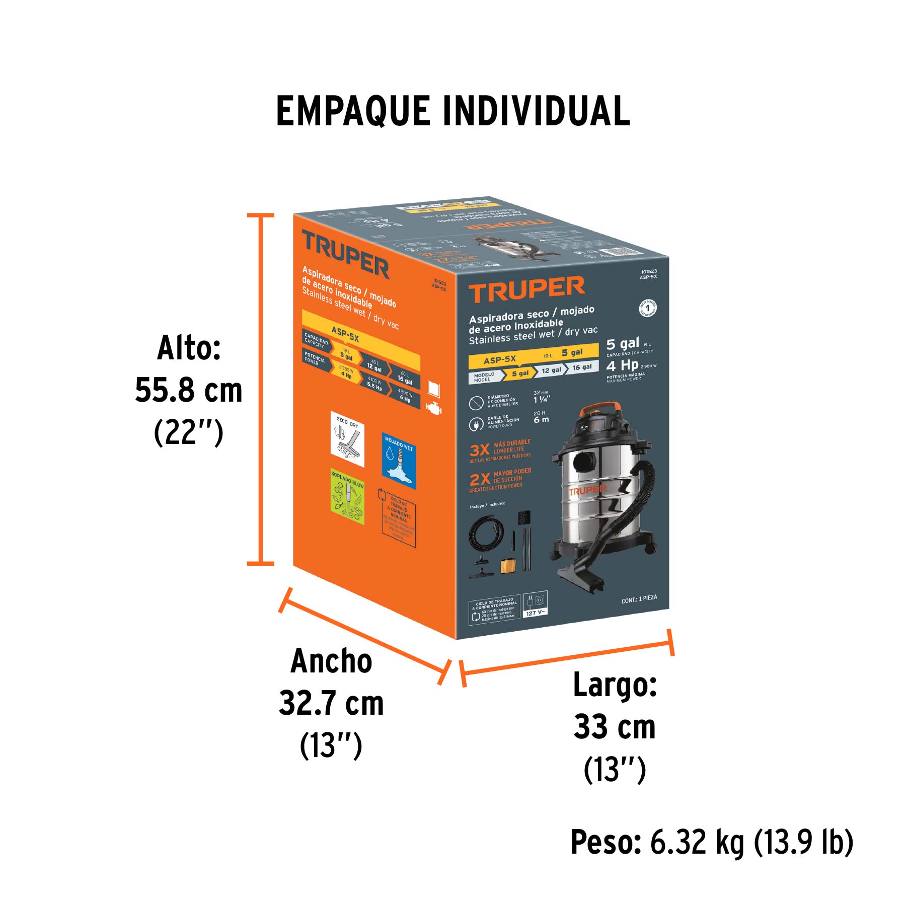 Aspiradora de sólidos y líquidos, 5 gal, acero inox, TRUPER - Empaque