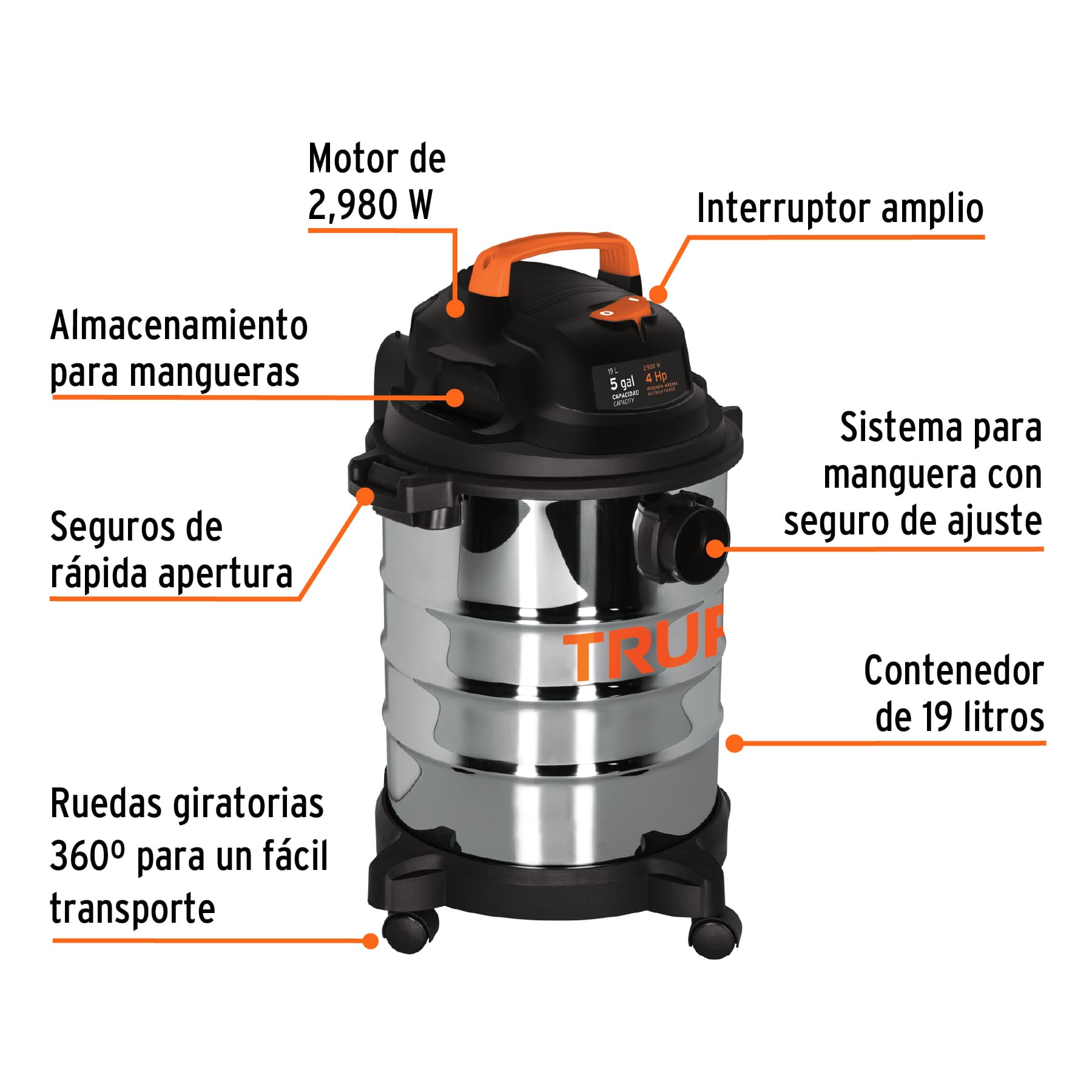Aspiradora de sólidos y líquidos, 5 gal, acero inox, TRUPER