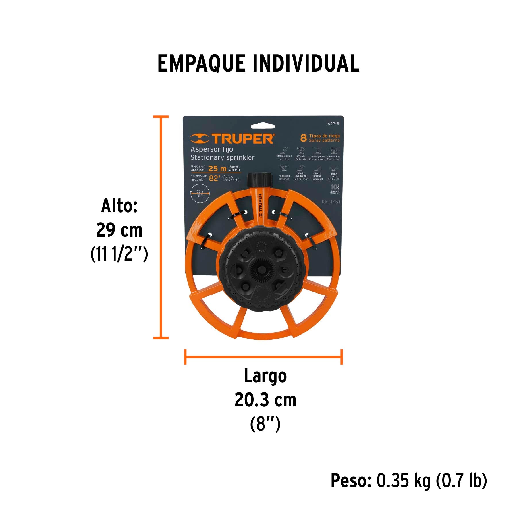 Aspersor base metálica, con 8 funciones, TRUPER - Empaque