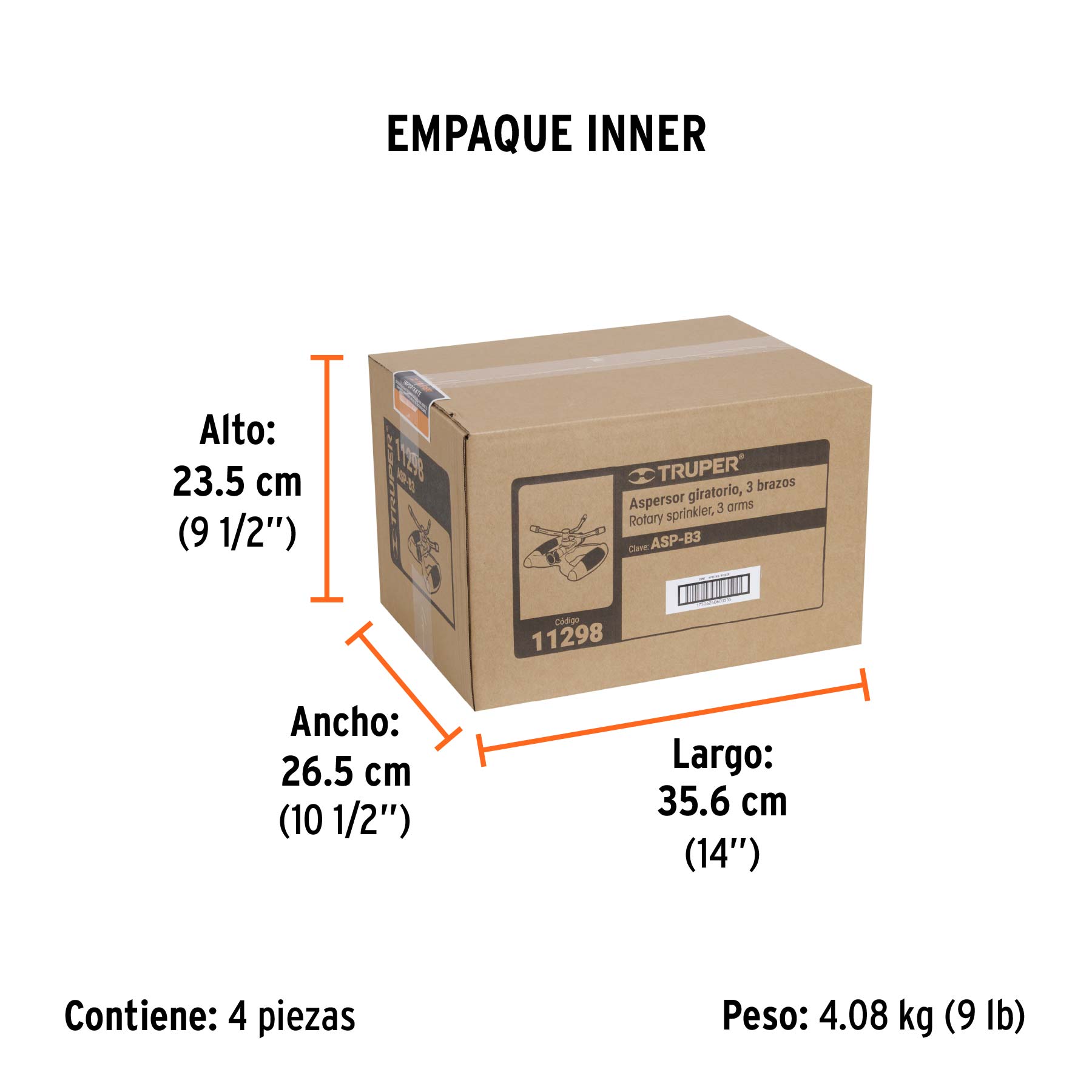 Aspersor metálico de 3 brazos con base plástica, TRUPER - Empaque