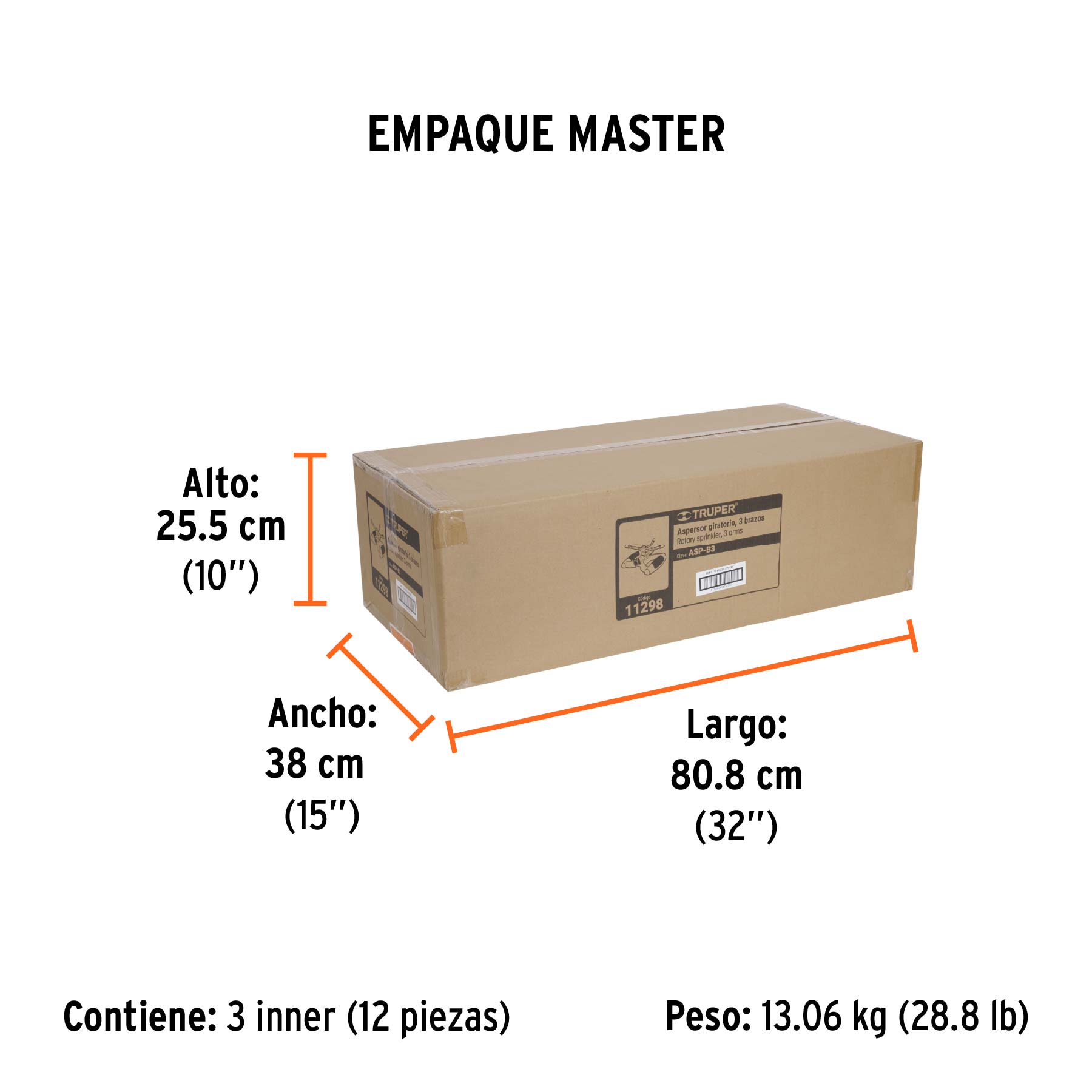 Aspersor metálico de 3 brazos con base plástica, TRUPER - Empaque