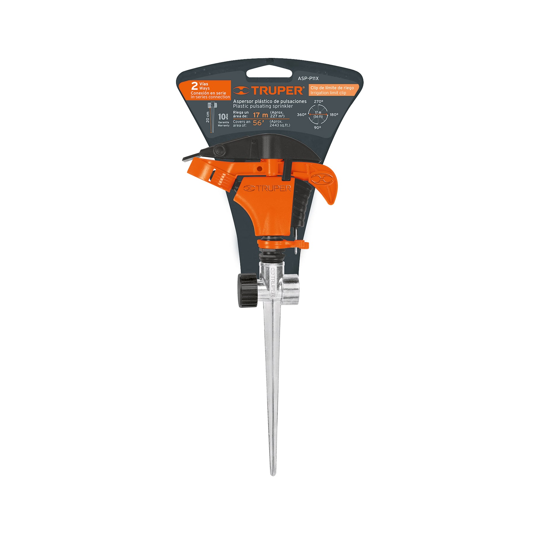 Aspersor plástico 11", dos vías, estaca metálica, TRUPER