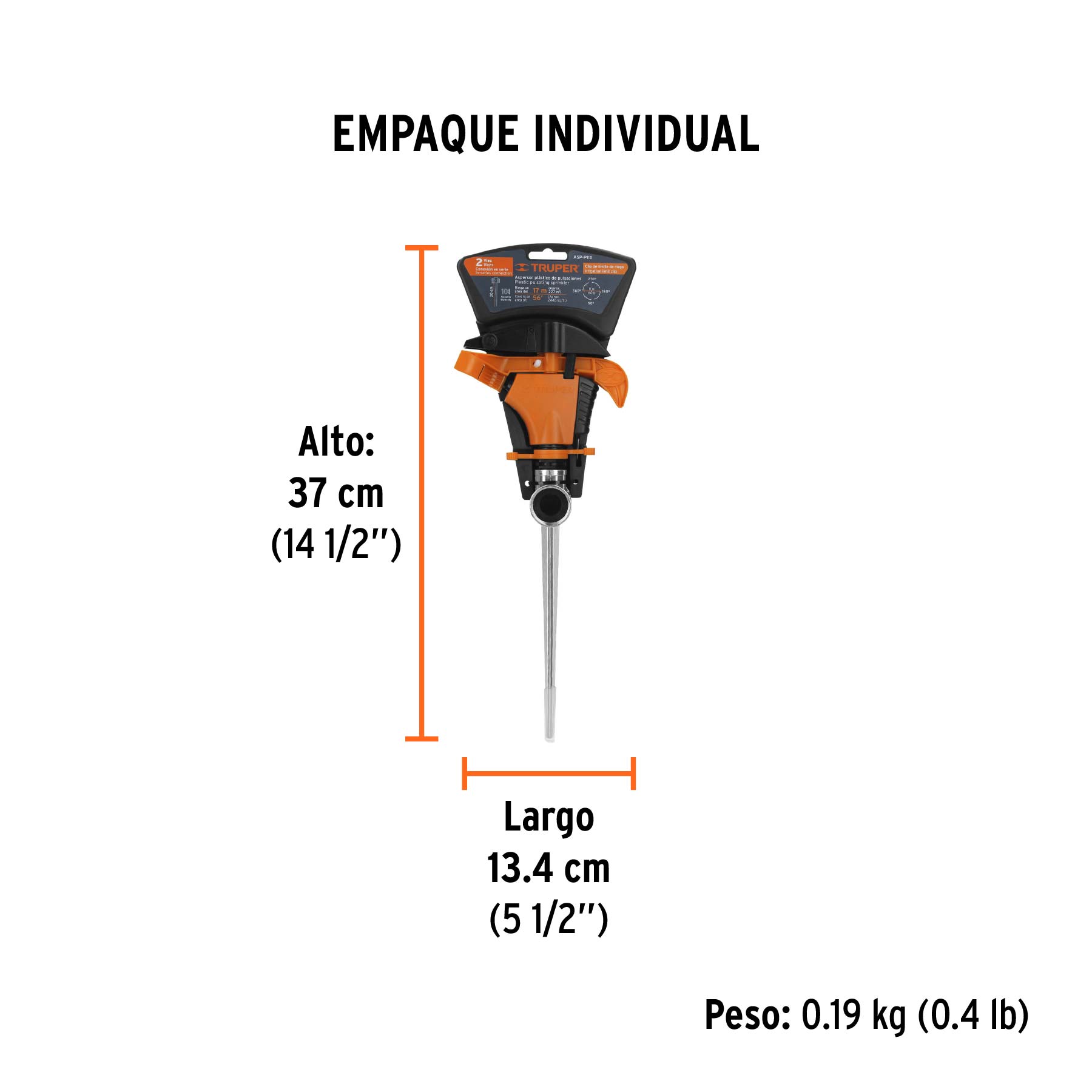 Aspersor plástico 11", dos vías, estaca metálica, TRUPER - Empaque