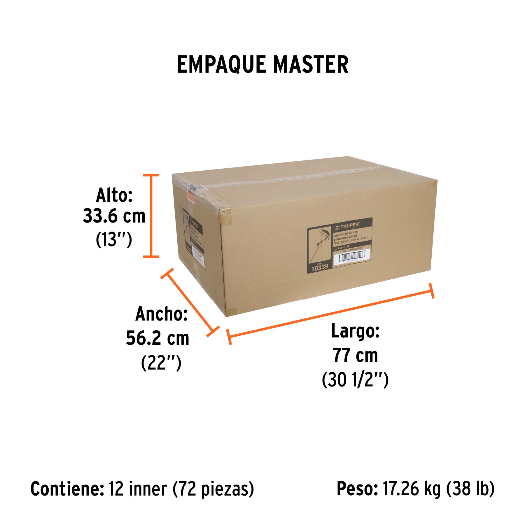 Aspersor plástico 11", dos vías, estaca metálica, TRUPER - Empaque
