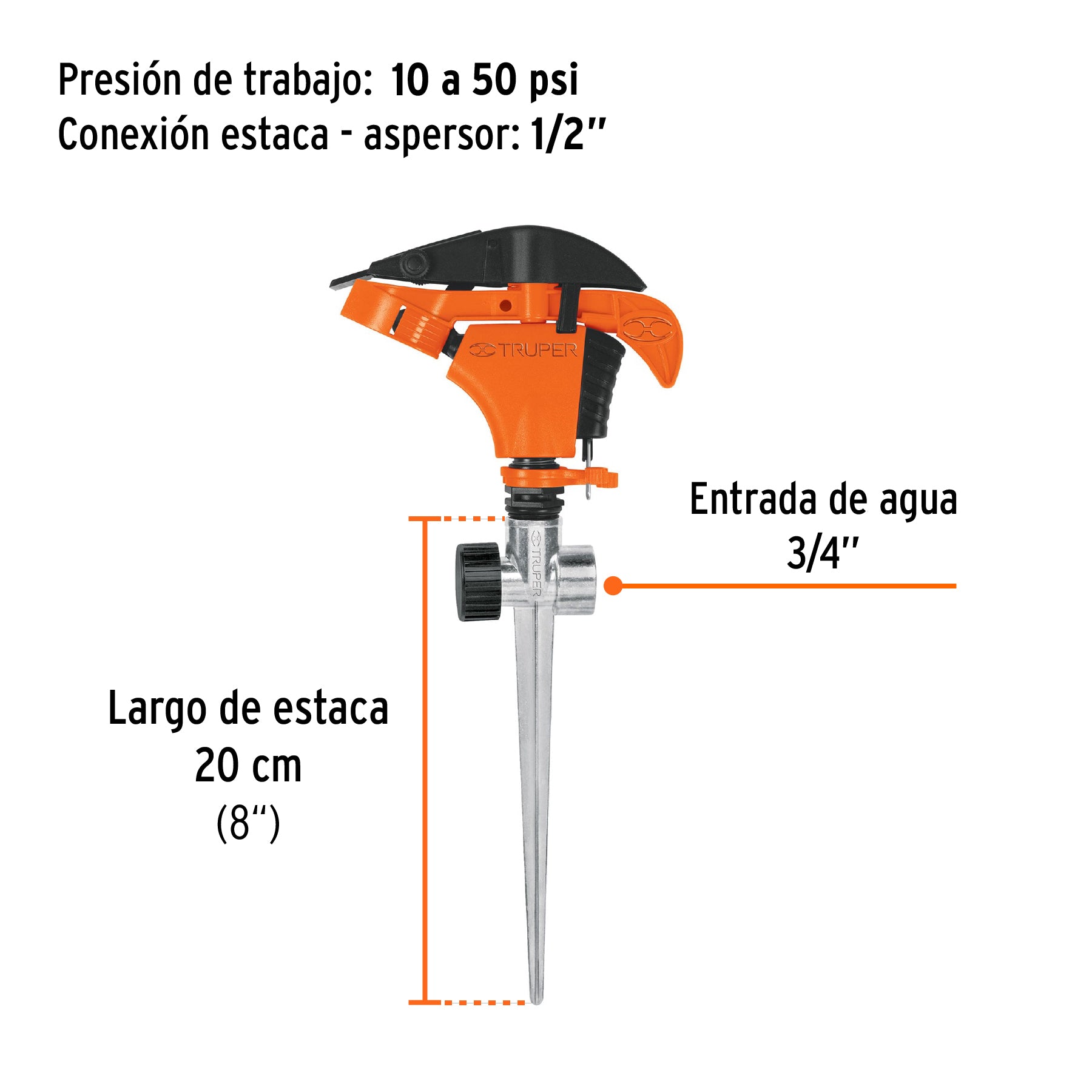 Aspersor plástico 11", dos vías, estaca metálica, TRUPER