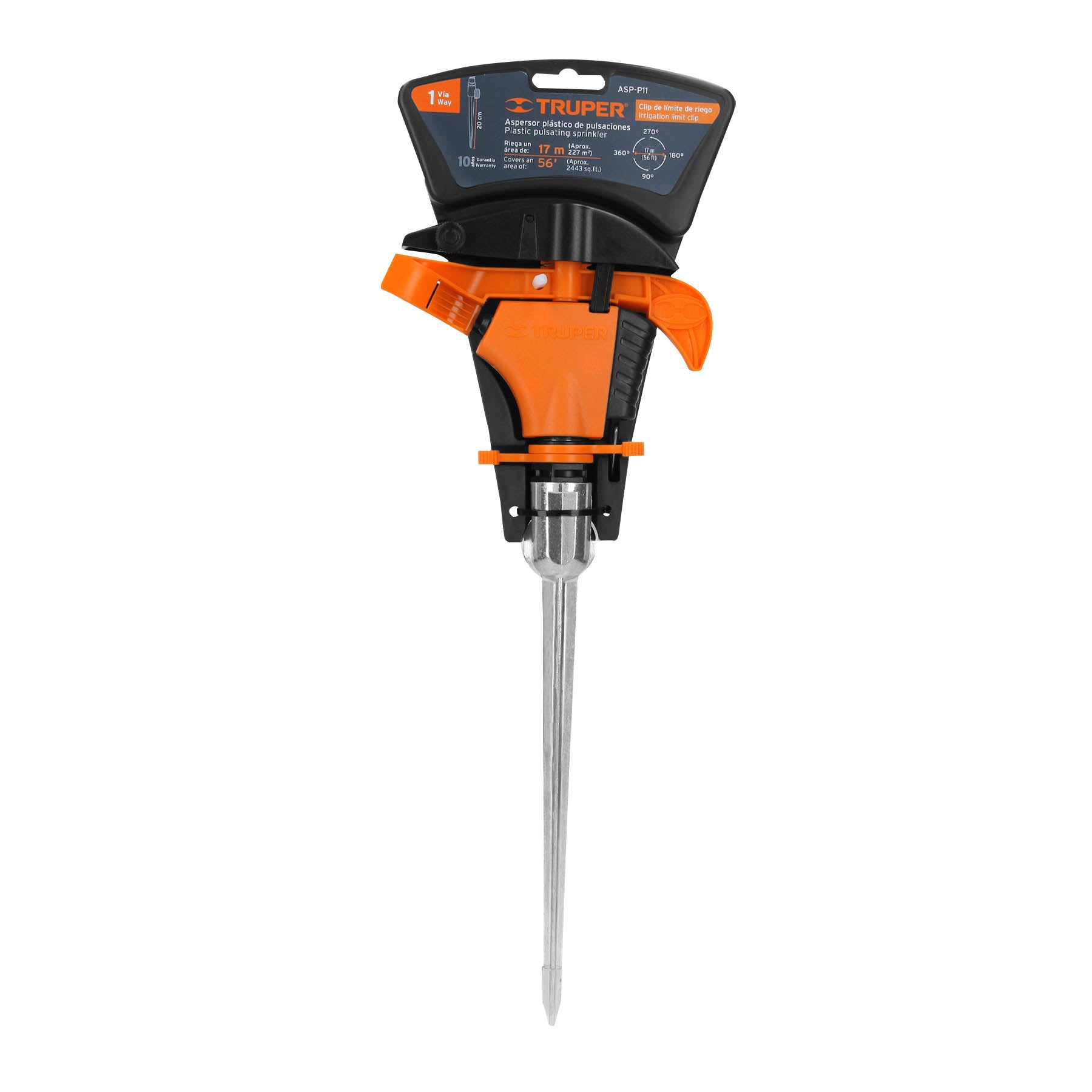 Aspersor plástico 11", una vía, estaca metálica, TRUPER