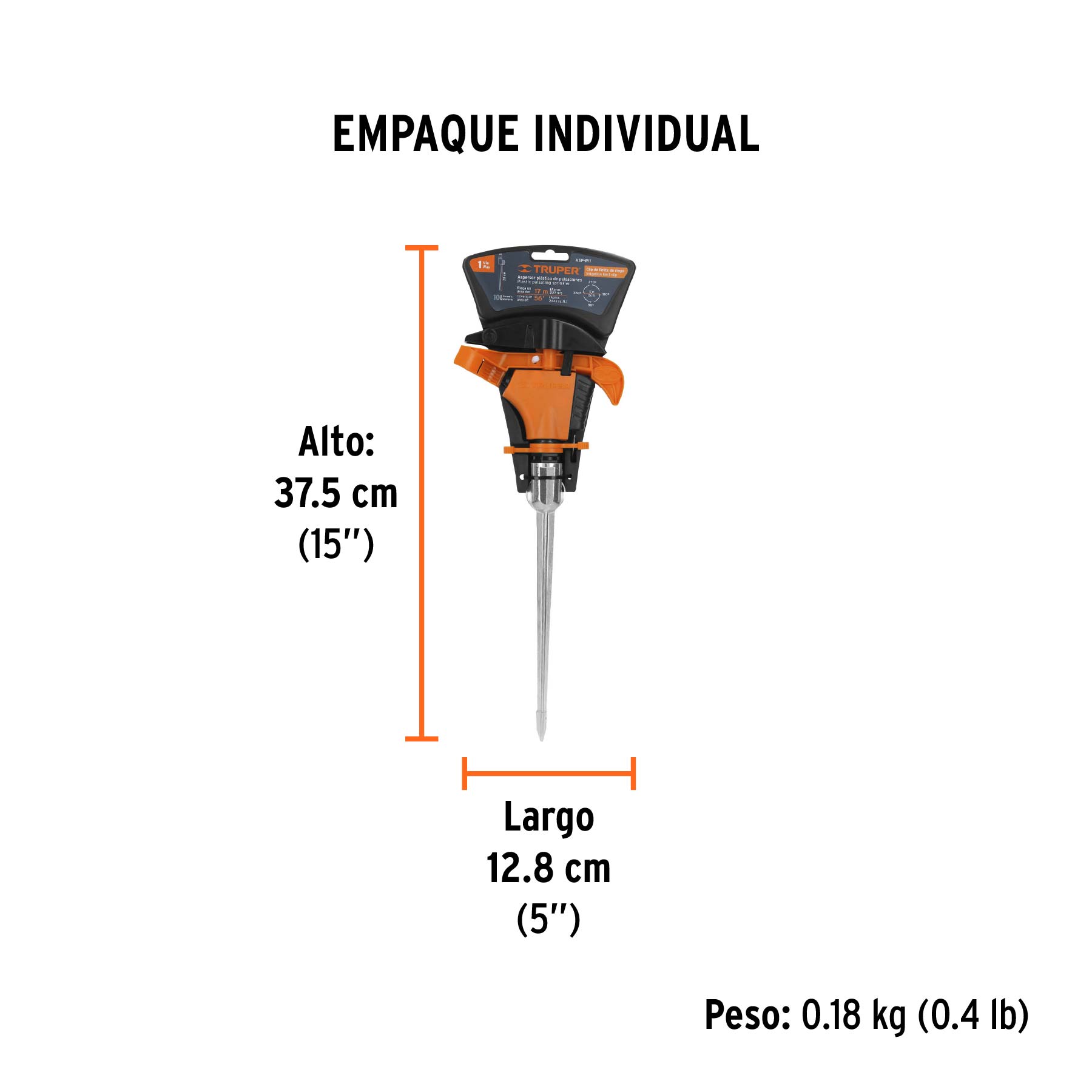 Aspersor plástico 11", una vía, estaca metálica, TRUPER - Empaque