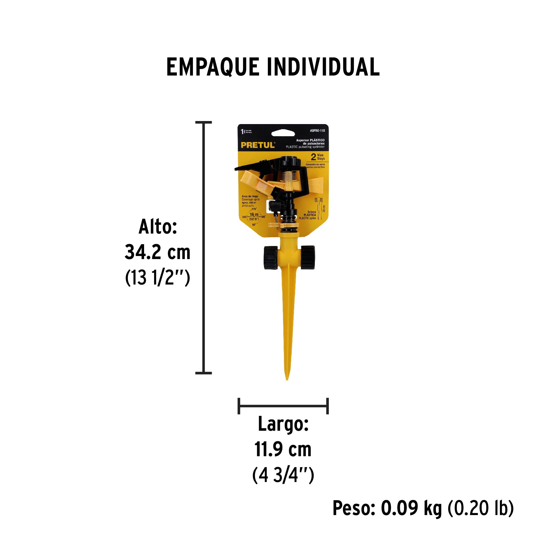 Aspersor plástico 11" dos vías, estaca plástica, PRETUL - Empaque