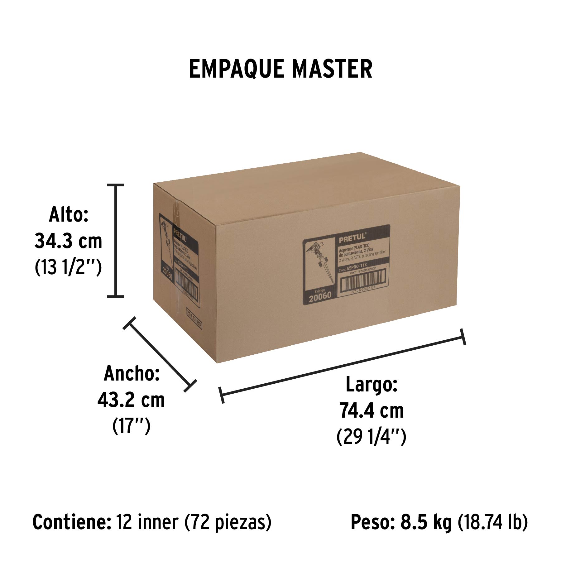 Aspersor plástico 11" dos vías, estaca plástica, PRETUL - Empaque