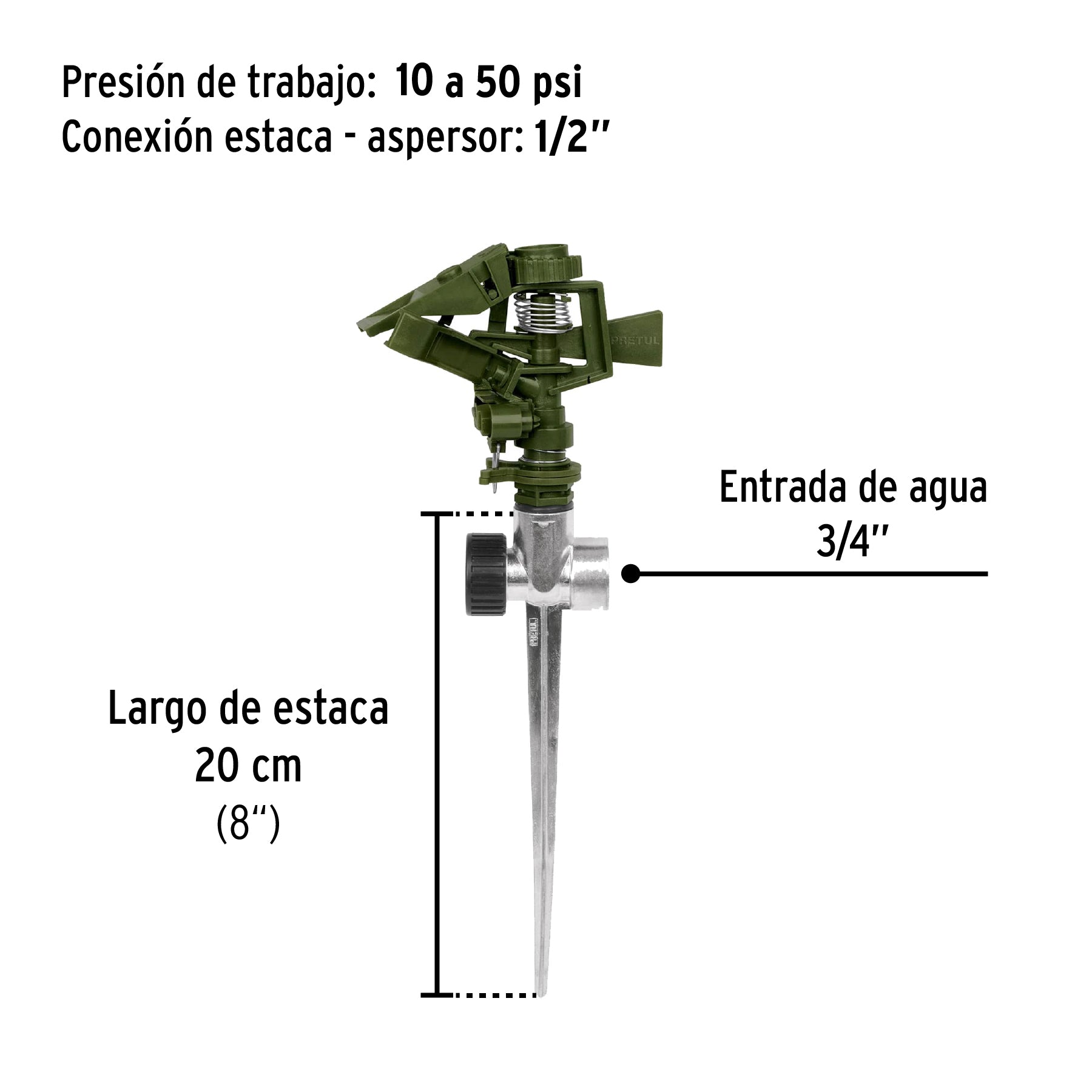 Aspersor plástico 11" dos vías estaca metálica verde, PRETUL