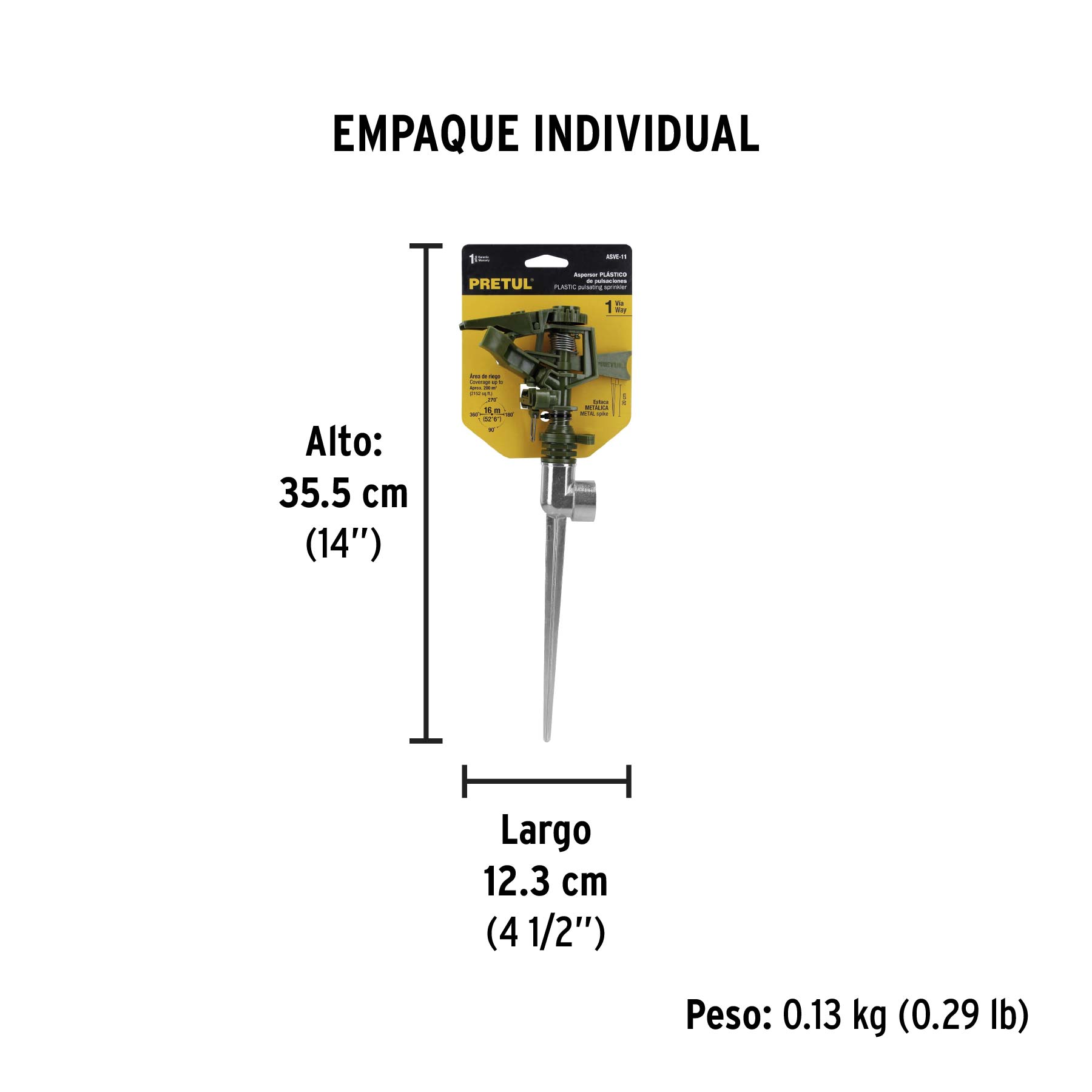 Aspersor plástico 11" una vía estaca metálica, verde, PRETUL - Empaque
