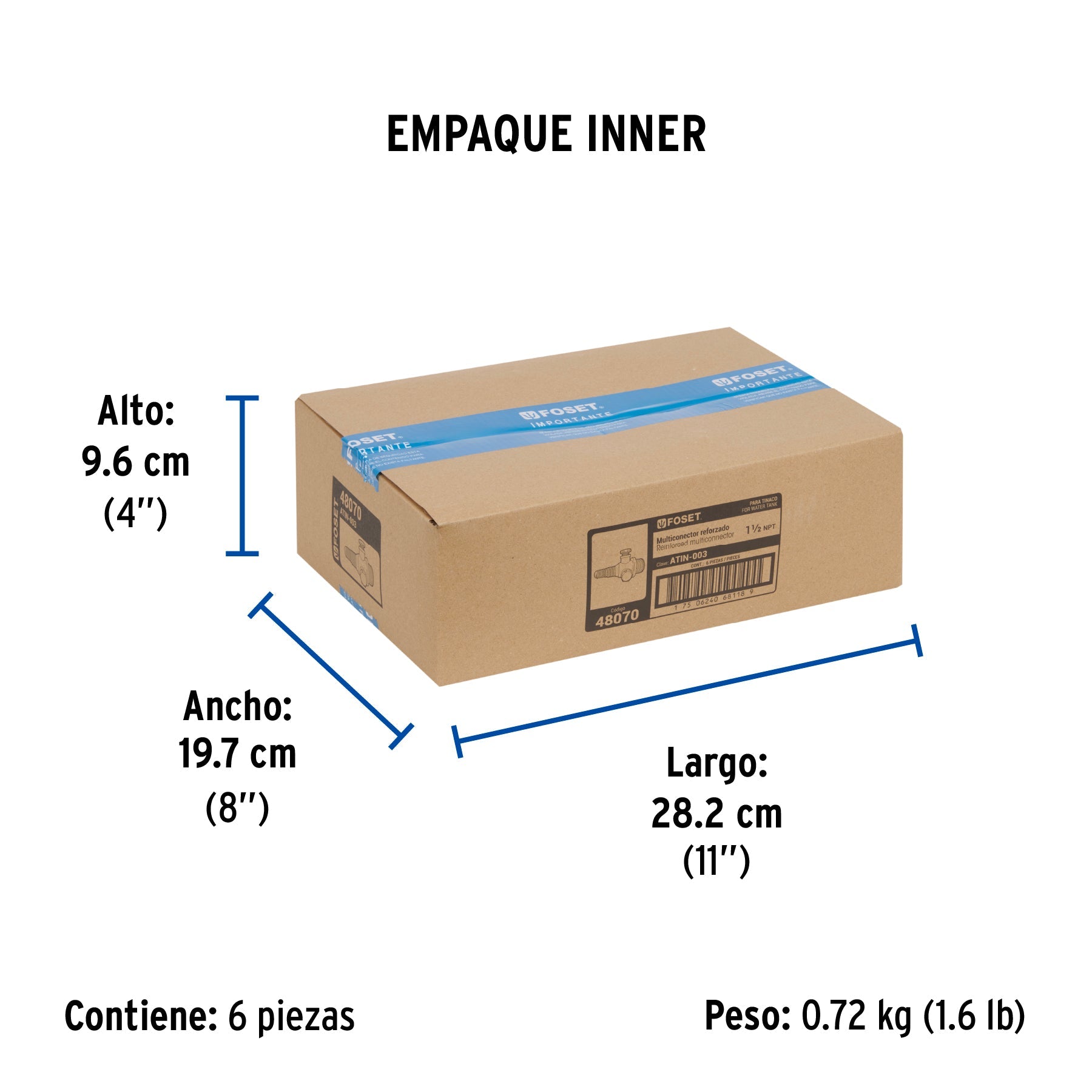 Multiconector polipropileno para tinaco, sin válvula, FOSET - Empaque