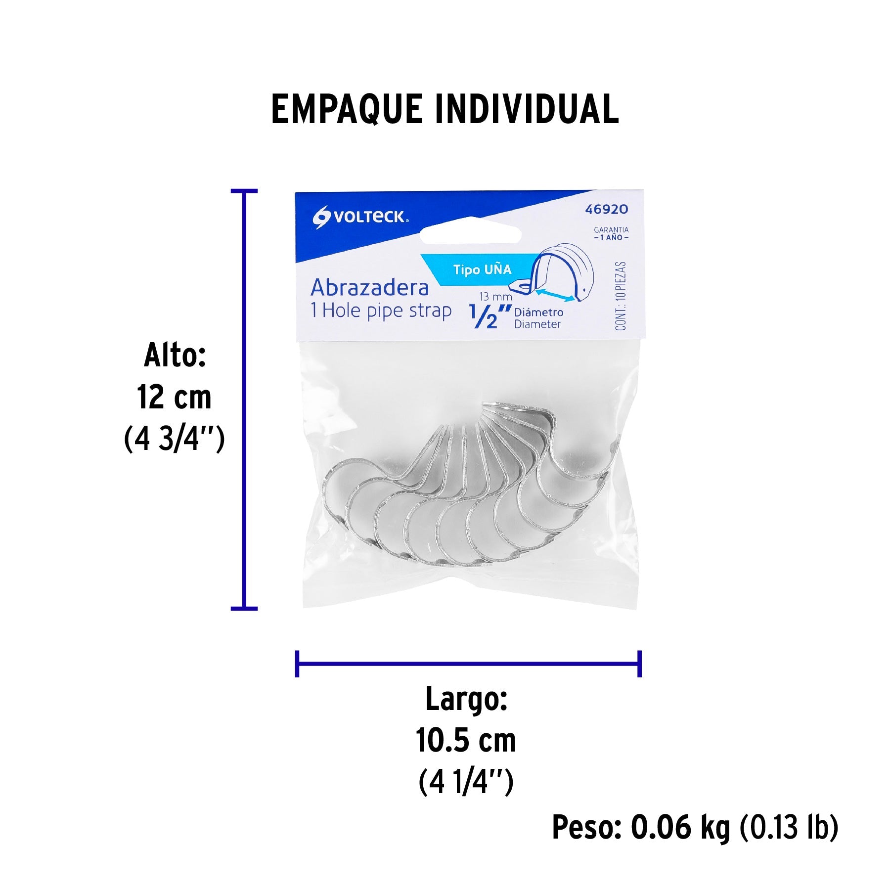 Bolsa c/10 abrazaderas tipo uña 1/2" p/tubo pared delgada - Empaque