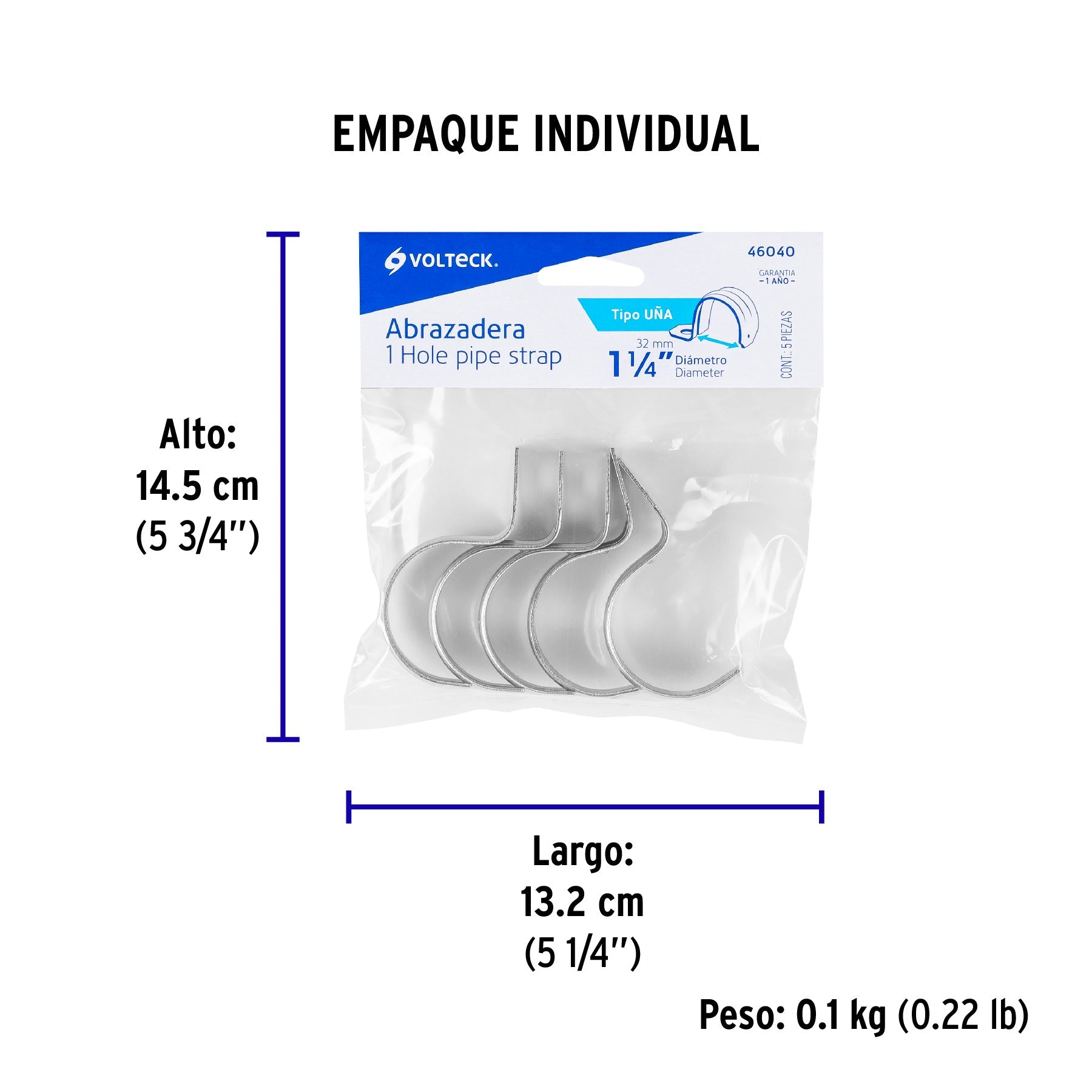 Bolsa c/5 abrazaderas tipo uña 1-1/4" p/tubo pared delgada - Empaque