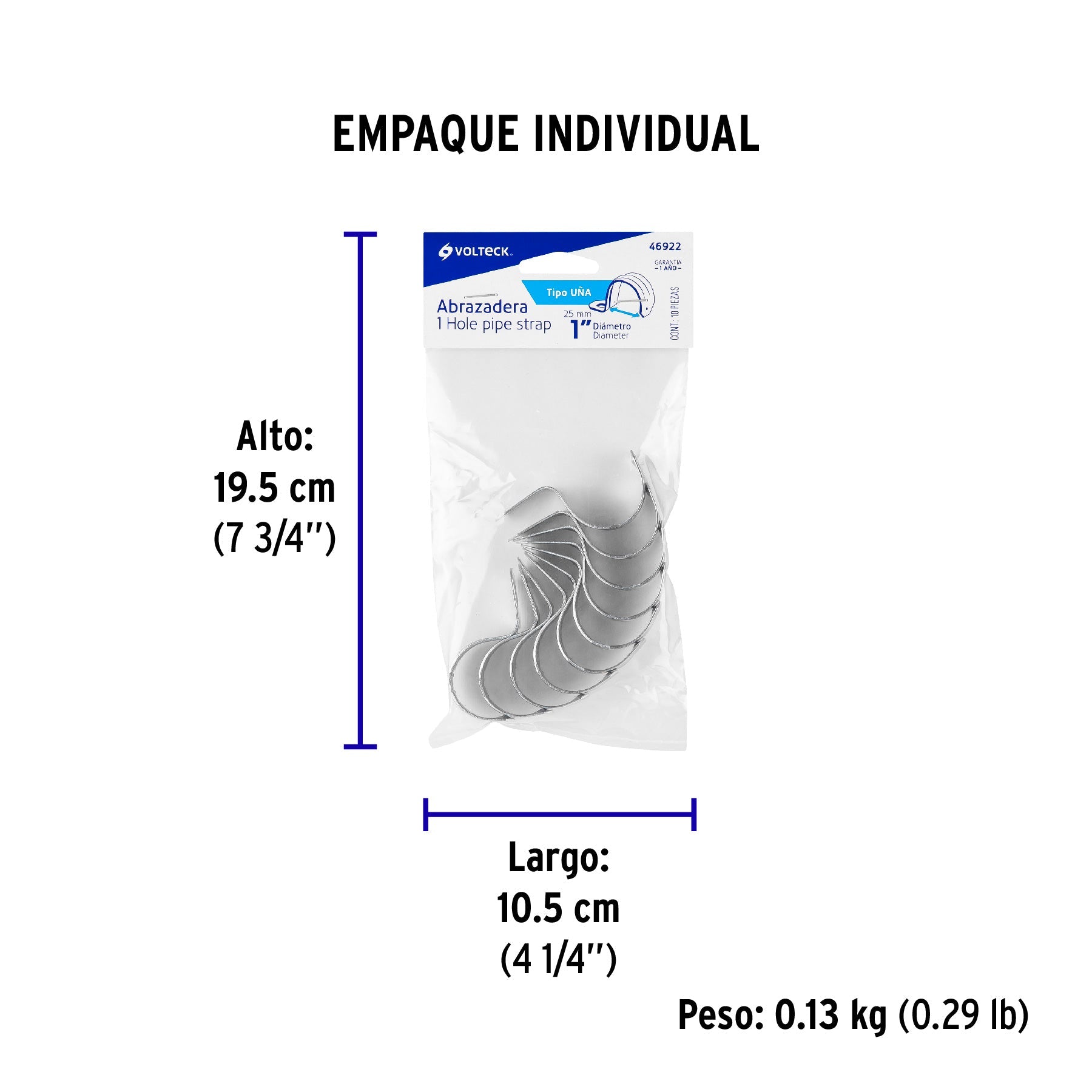 Bolsa c/10 abrazaderas tipo uña 1" p/tubo pared delgada - Empaque