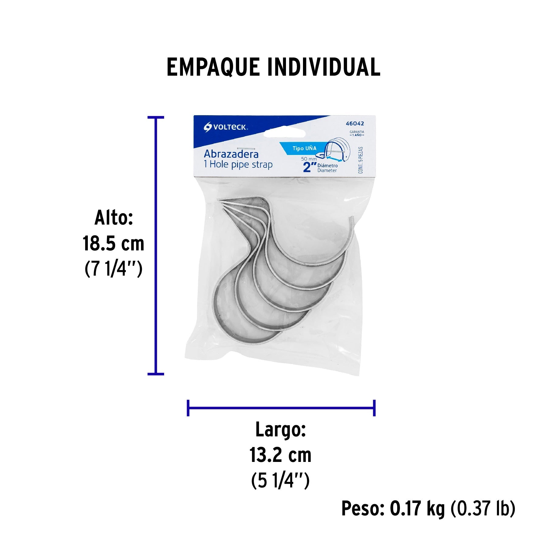 Bolsa c/5 abrazaderas tipo uña 2" p/tubo pared delgada - Empaque