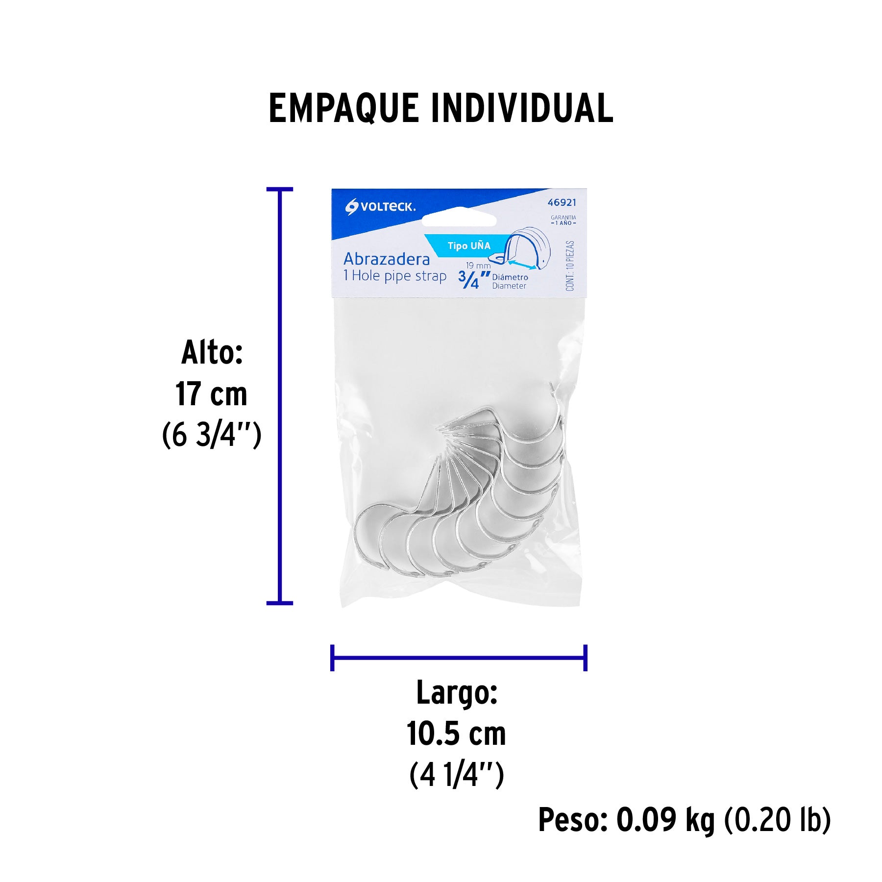 Bolsa c/10 abrazaderas tipo uña 3/4" p/tubo pared delgada - Empaque