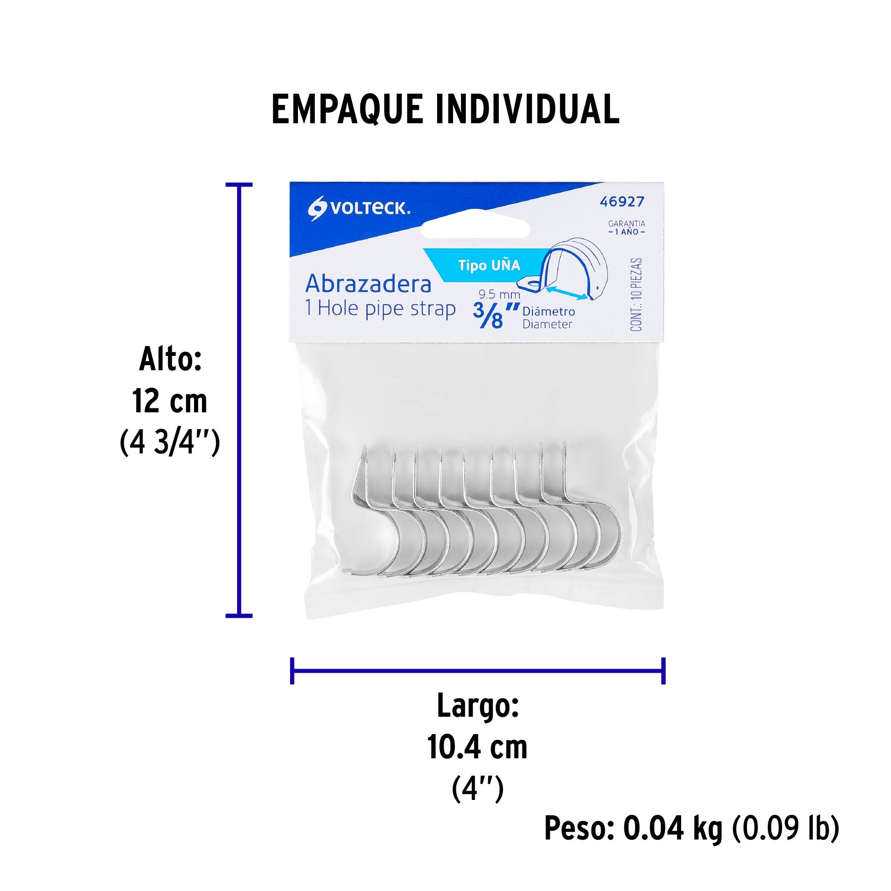 Bolsa c/10 abrazaderas tipo uña 3/8" p/tubo pared delgada - Empaque