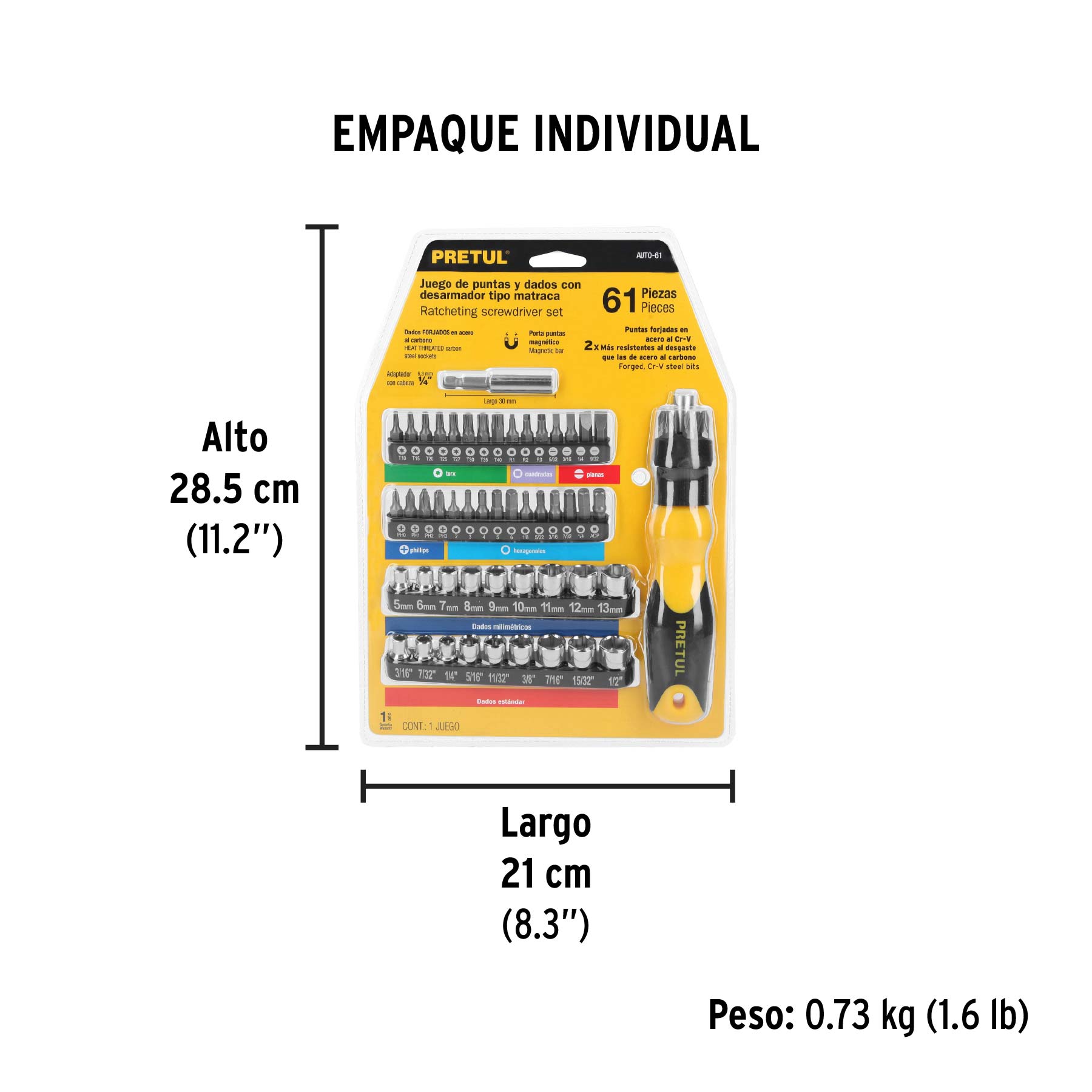 Desarmador tipo matraca con 35 puntas y 18 dados, PRETUL - Empaque