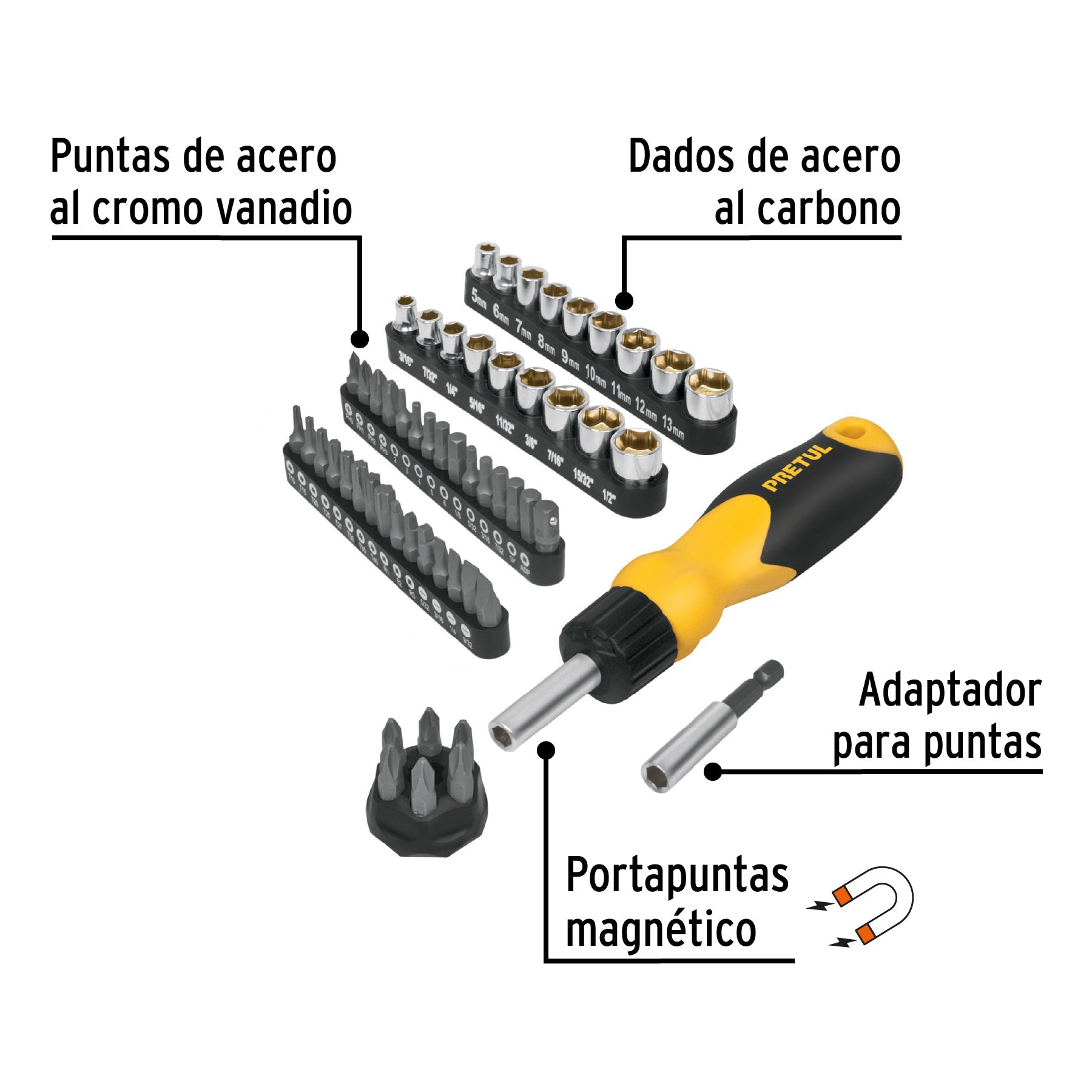 Desarmador tipo matraca con 35 puntas y 18 dados, PRETUL