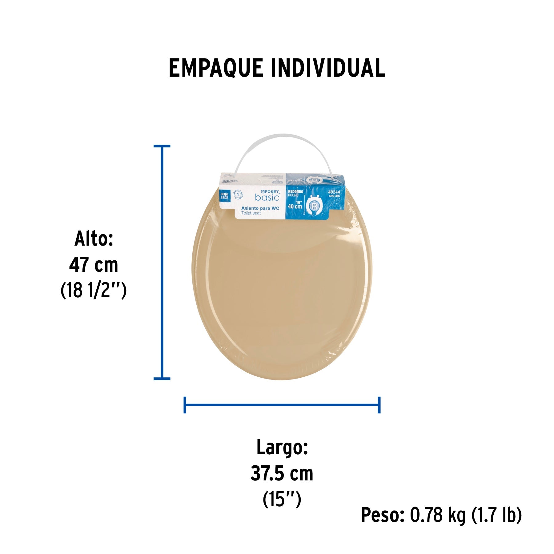 Asiento redondo ligero con tapa para WC, beige, FOSET BASIC - Empaque