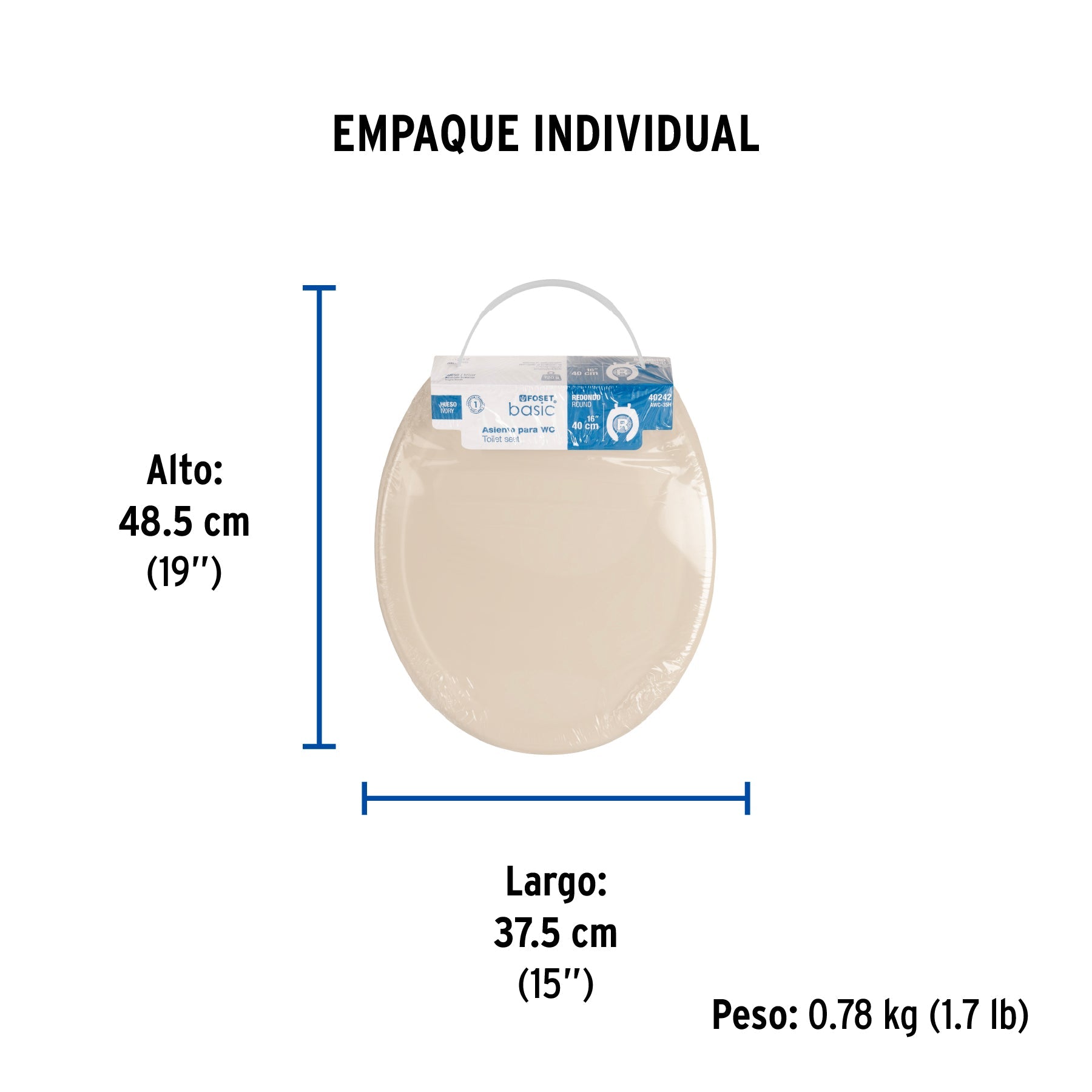 Asiento redondo ligero con tapa para WC, hueso, FOSET BASIC - Empaque