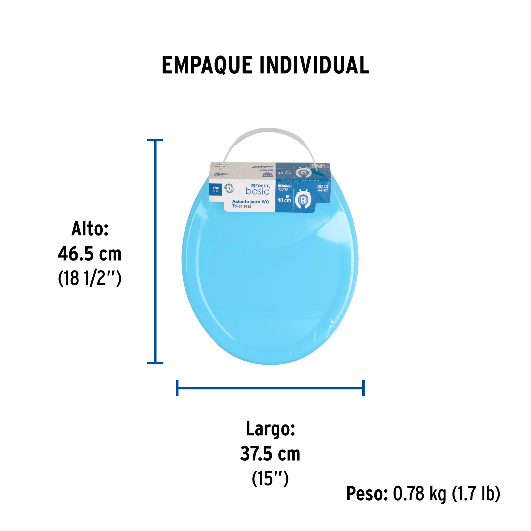 Asiento redondo ligero con tapa para WC, azul, FOSET BASIC - Empaque