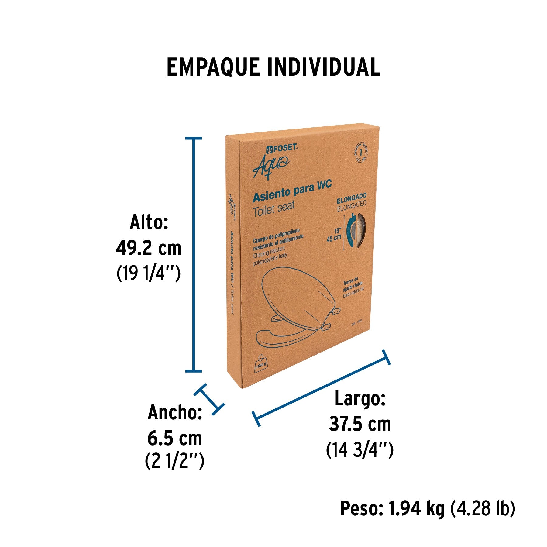 Asiento alargado con tapa para WC, abierto, beige, FOSET - Empaque