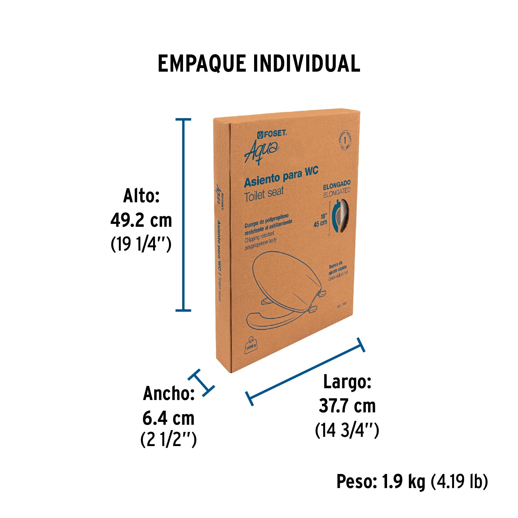 Asiento alargado con tapa para WC, abierto, hueso, FOSET - Empaque