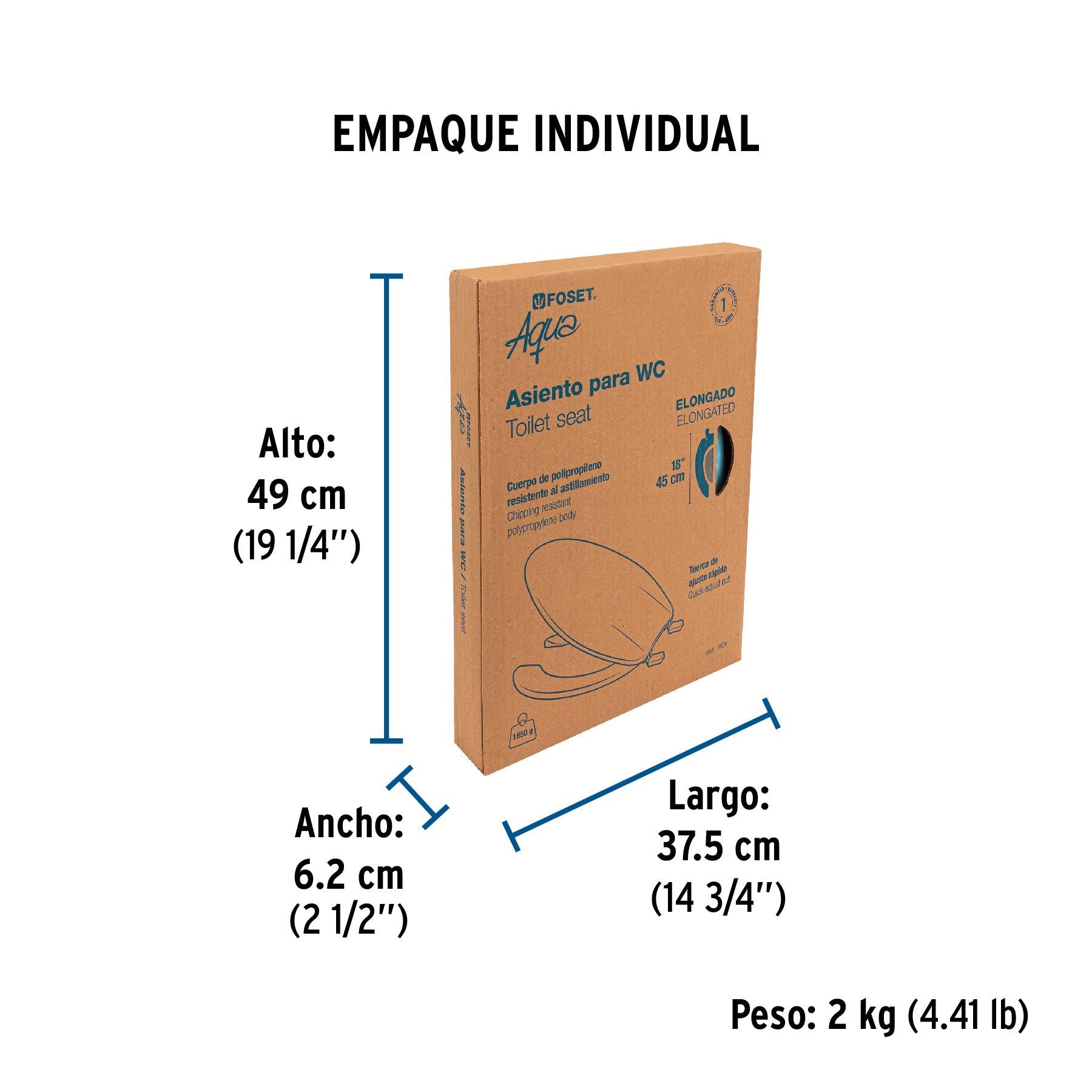 Asiento alargado con tapa para WC, abierto, azul, FOSET - Empaque