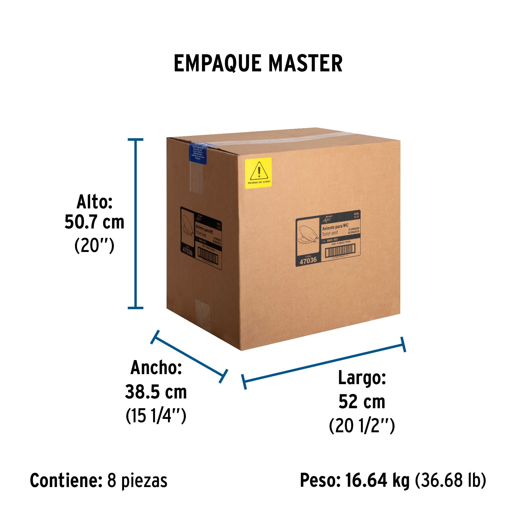 Asiento alargado con tapa para WC, abierto, azul, FOSET - Empaque