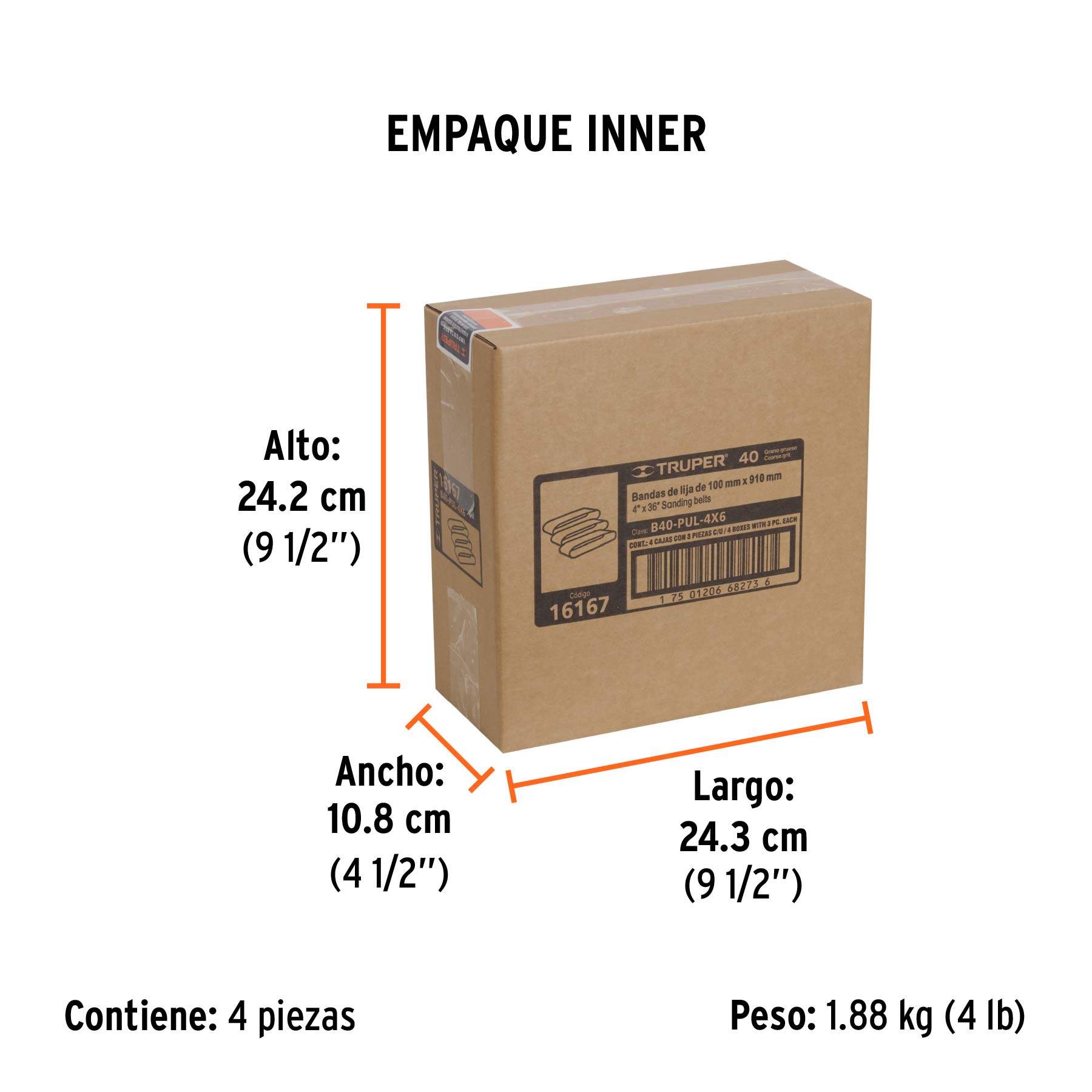 Caja con 3 bandas de lija 4" x 36" grano 40 para PUL-4X6T - Empaque