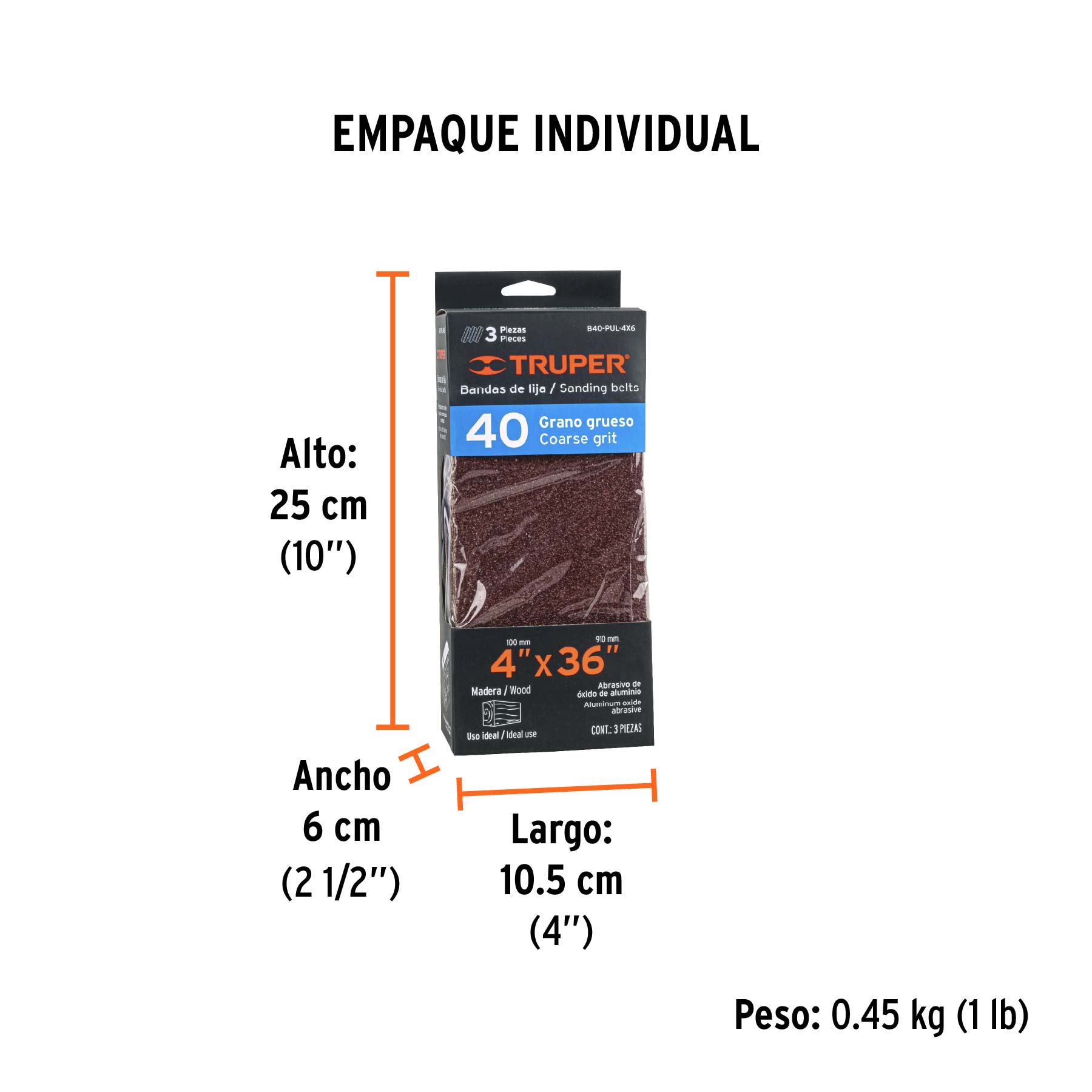 Caja con 3 bandas de lija 4" x 36" grano 40 para PUL-4X6T - Empaque