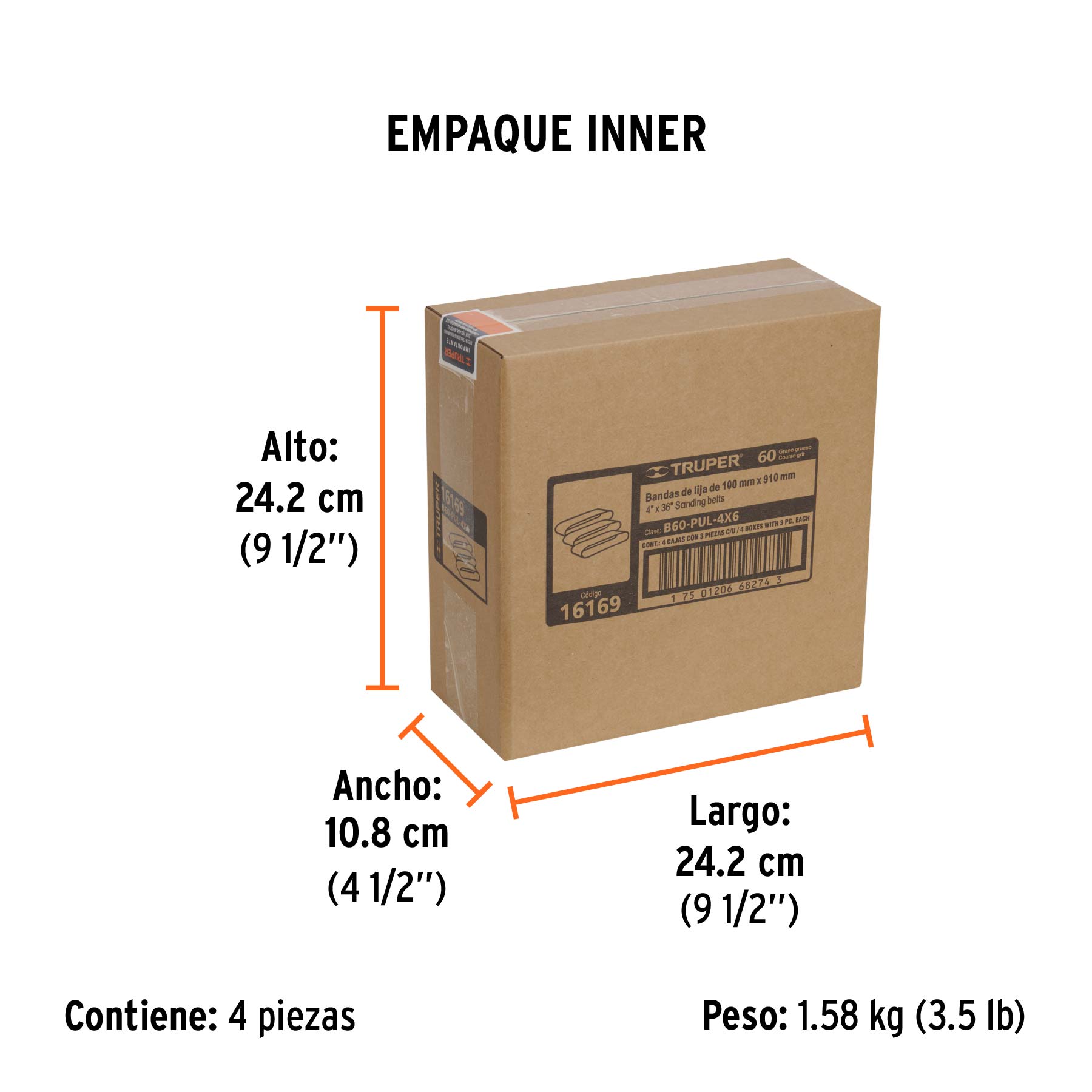 Caja con 3 bandas de lija 4" x 36" grano 60 para PUL-4X6T - Empaque