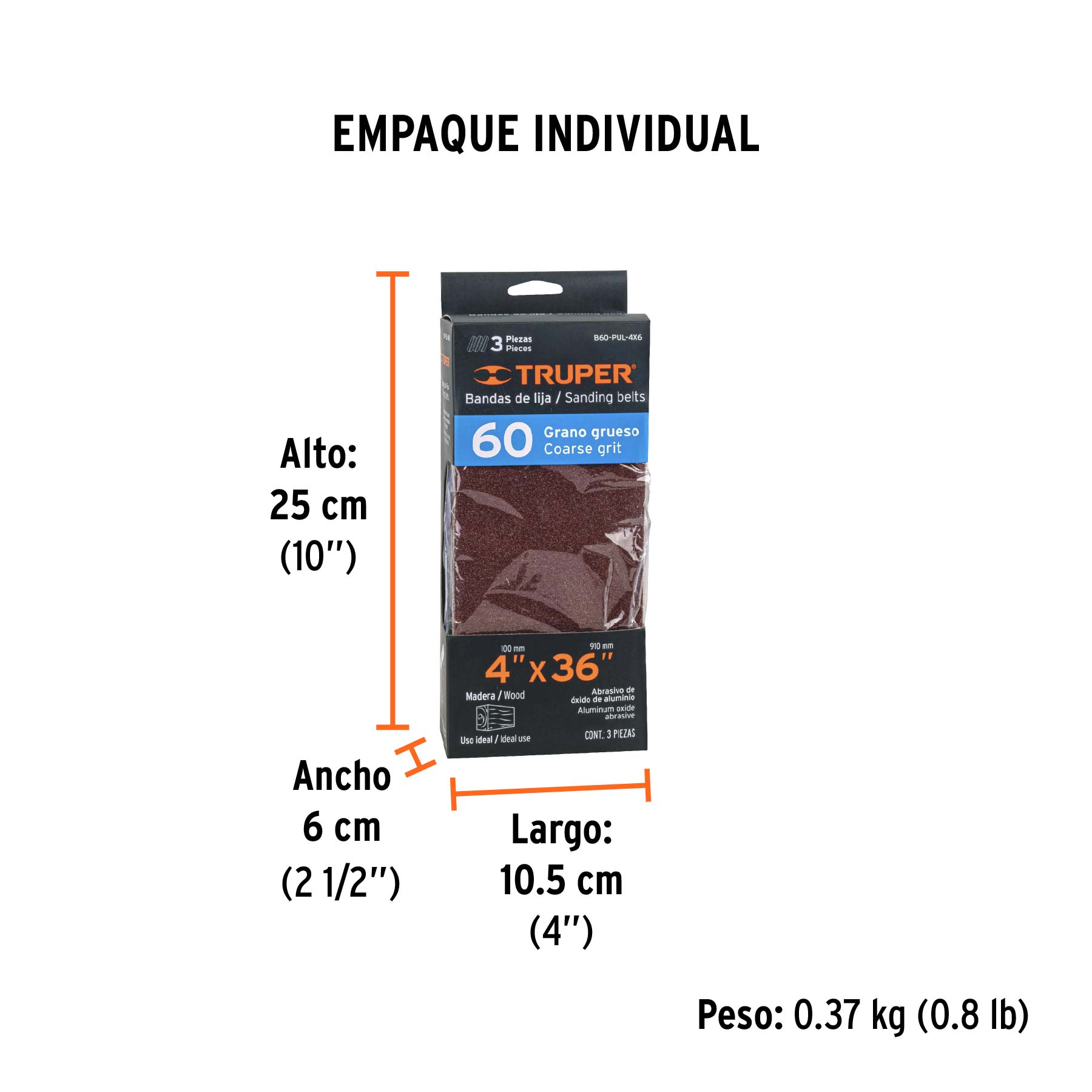 Caja con 3 bandas de lija 4" x 36" grano 60 para PUL-4X6T - Empaque