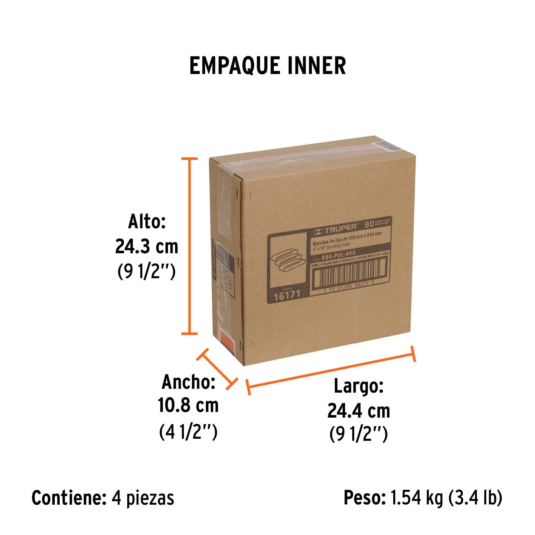 Caja con 3 bandas de lija 4" x 36" grano 80 para PUL-4X6T - Empaque