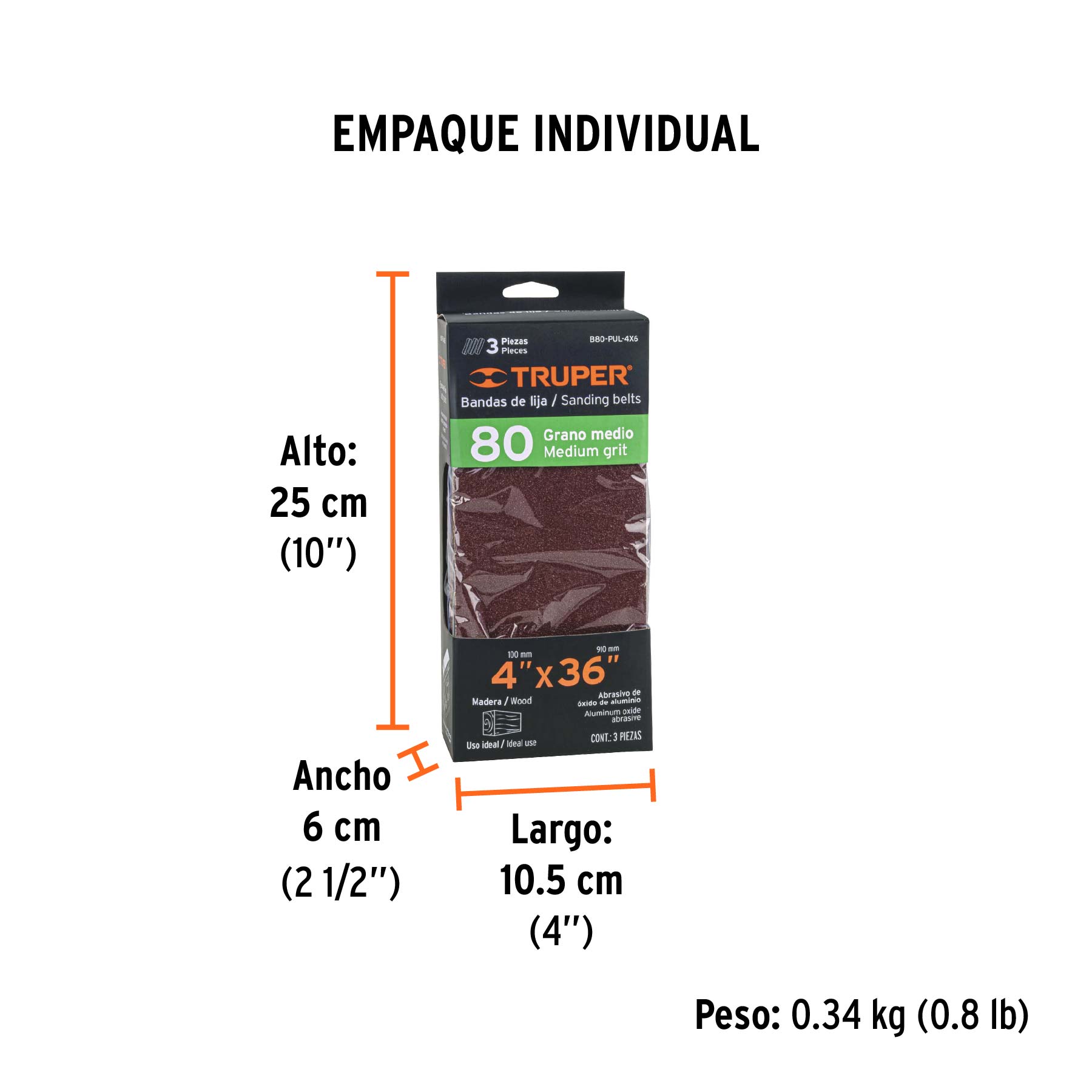 Caja con 3 bandas de lija 4" x 36" grano 80 para PUL-4X6T - Empaque