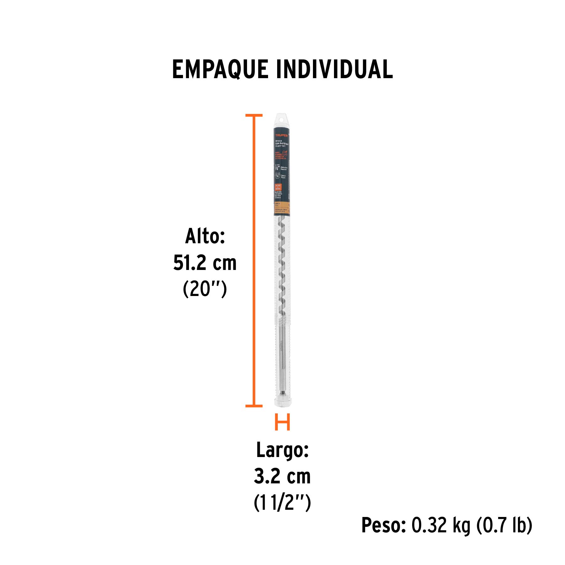 Broca auger tipo berbiquí 1/2" X 18", TRUPER - Empaque