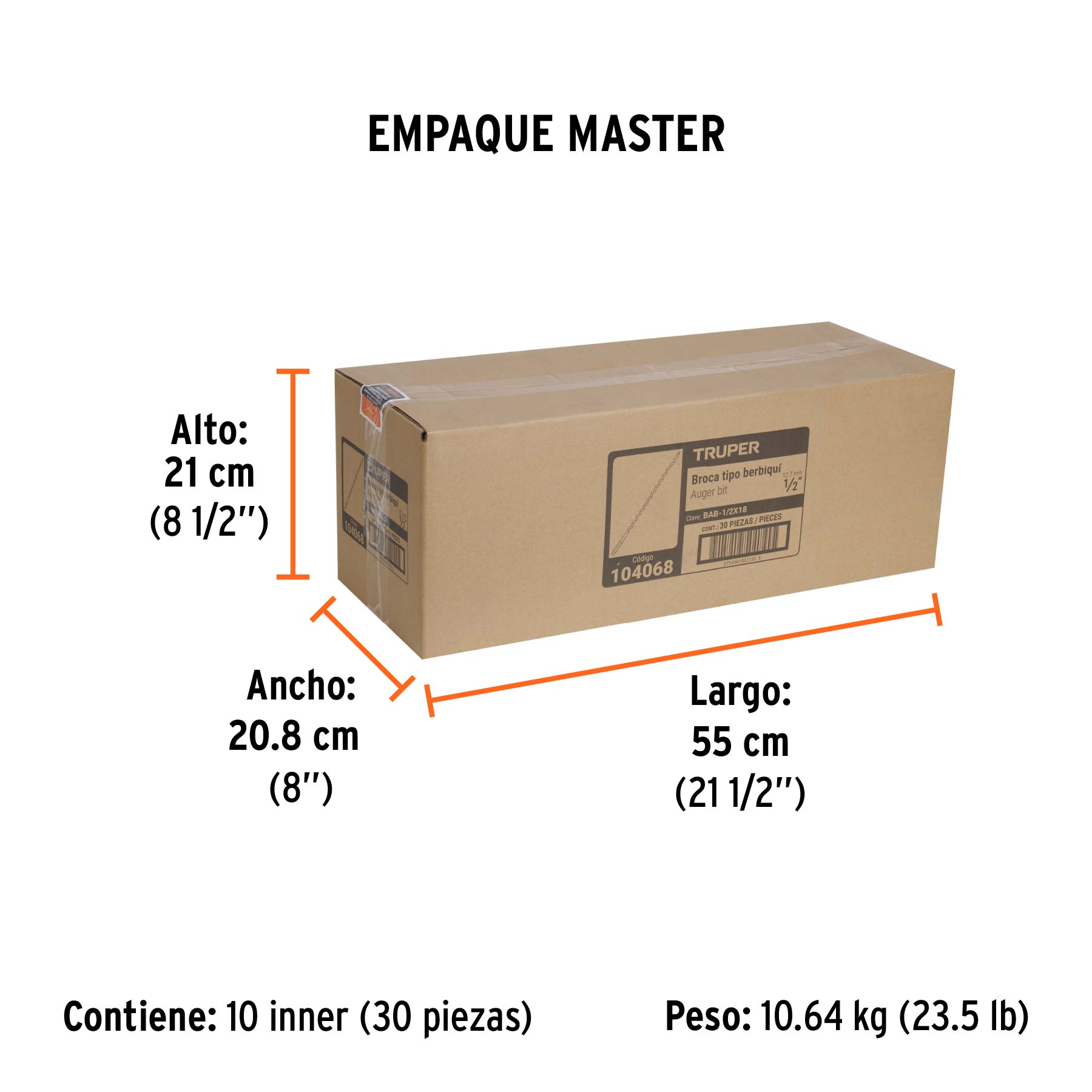 Broca auger tipo berbiquí 1/2" X 18", TRUPER - Empaque