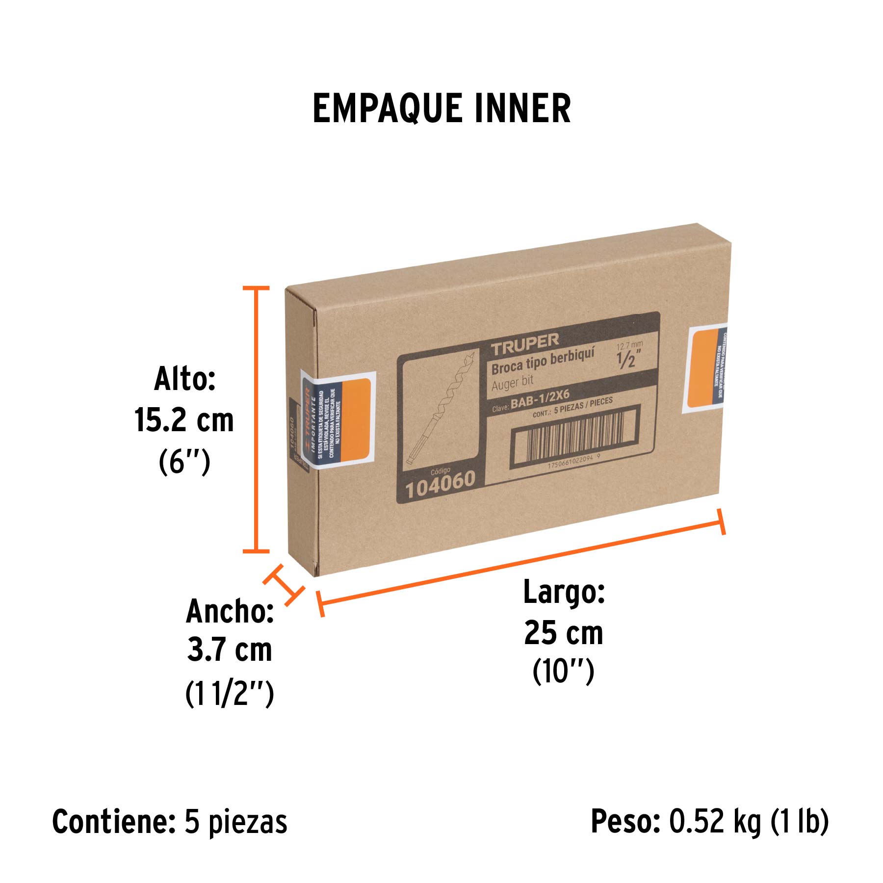 Broca auger tipo berbiquí 1/2" X 6", TRUPER - Empaque