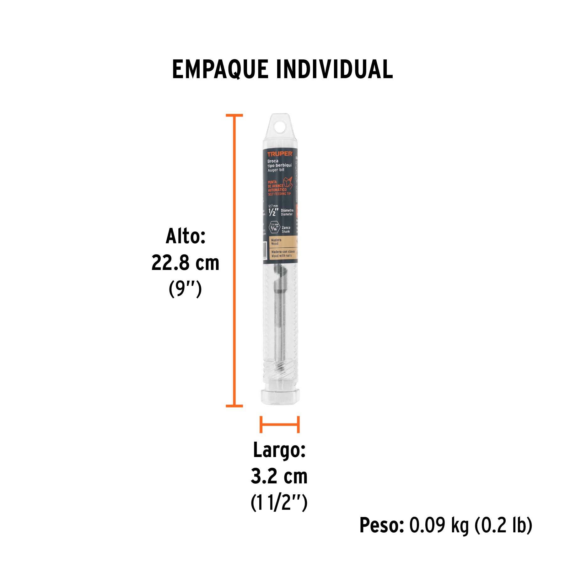 Broca auger tipo berbiquí 1/2" X 6", TRUPER - Empaque