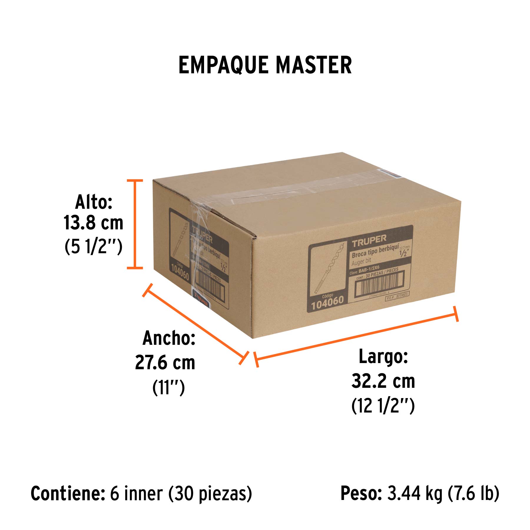 Broca auger tipo berbiquí 1/2" X 6", TRUPER - Empaque